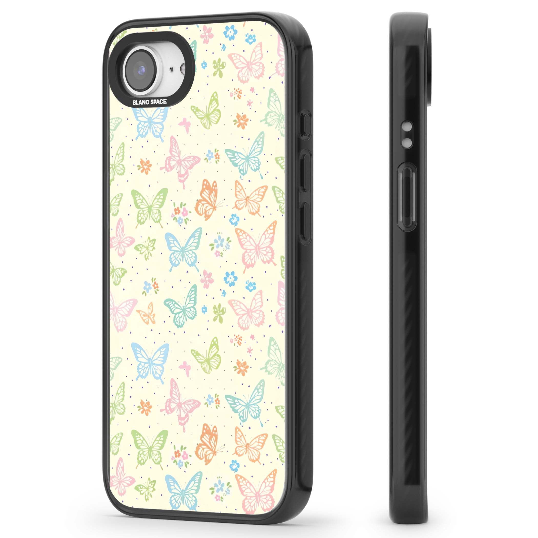 Sugar Wings cottagecore iPhone case featuring rainbow pastel butterflies, tiny wildflowers, and a cream background | Black Impact case for iPhone 16e, iPhone 17e