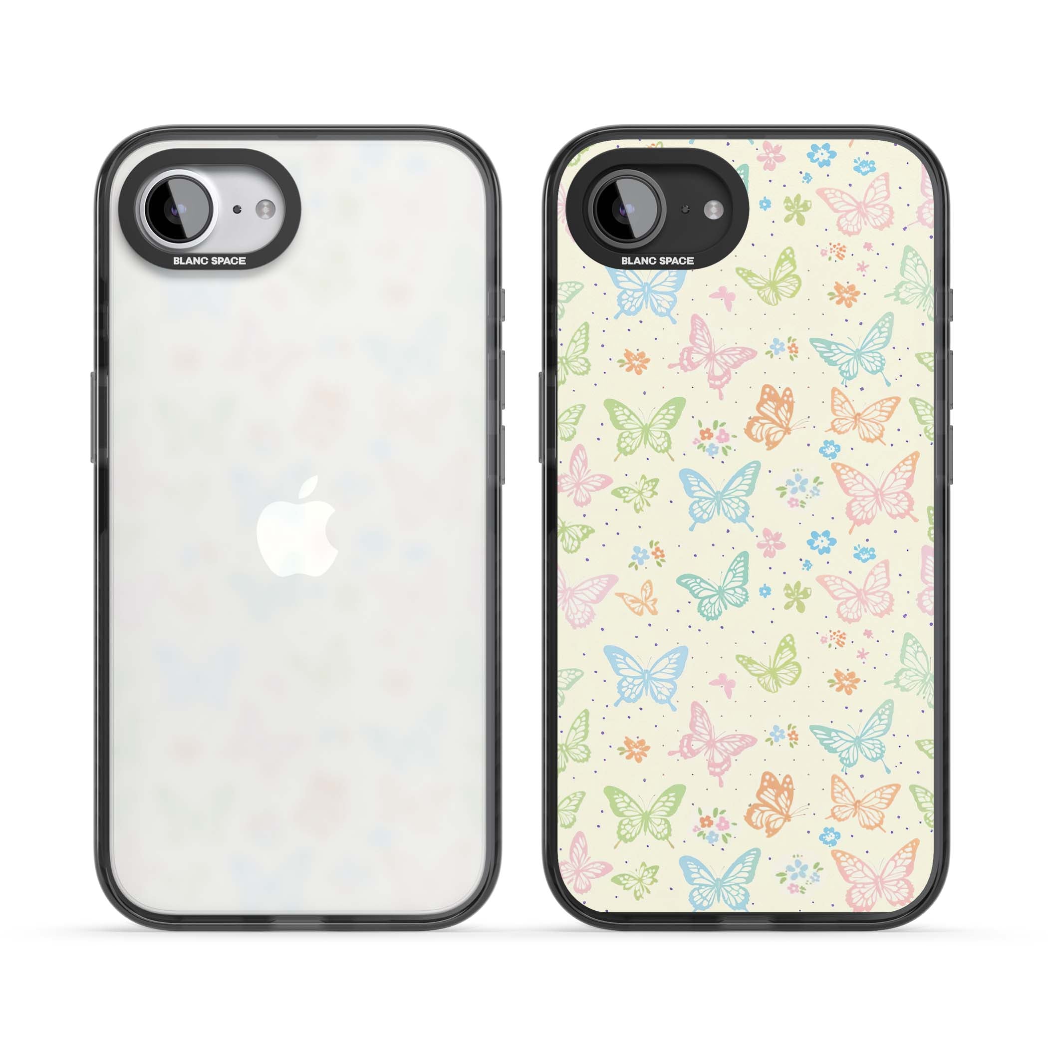 Sugar Wings cottagecore iPhone case featuring rainbow pastel butterflies, tiny wildflowers, and a cream background | Black Impact case for iPhone 16e, iPhone 17e