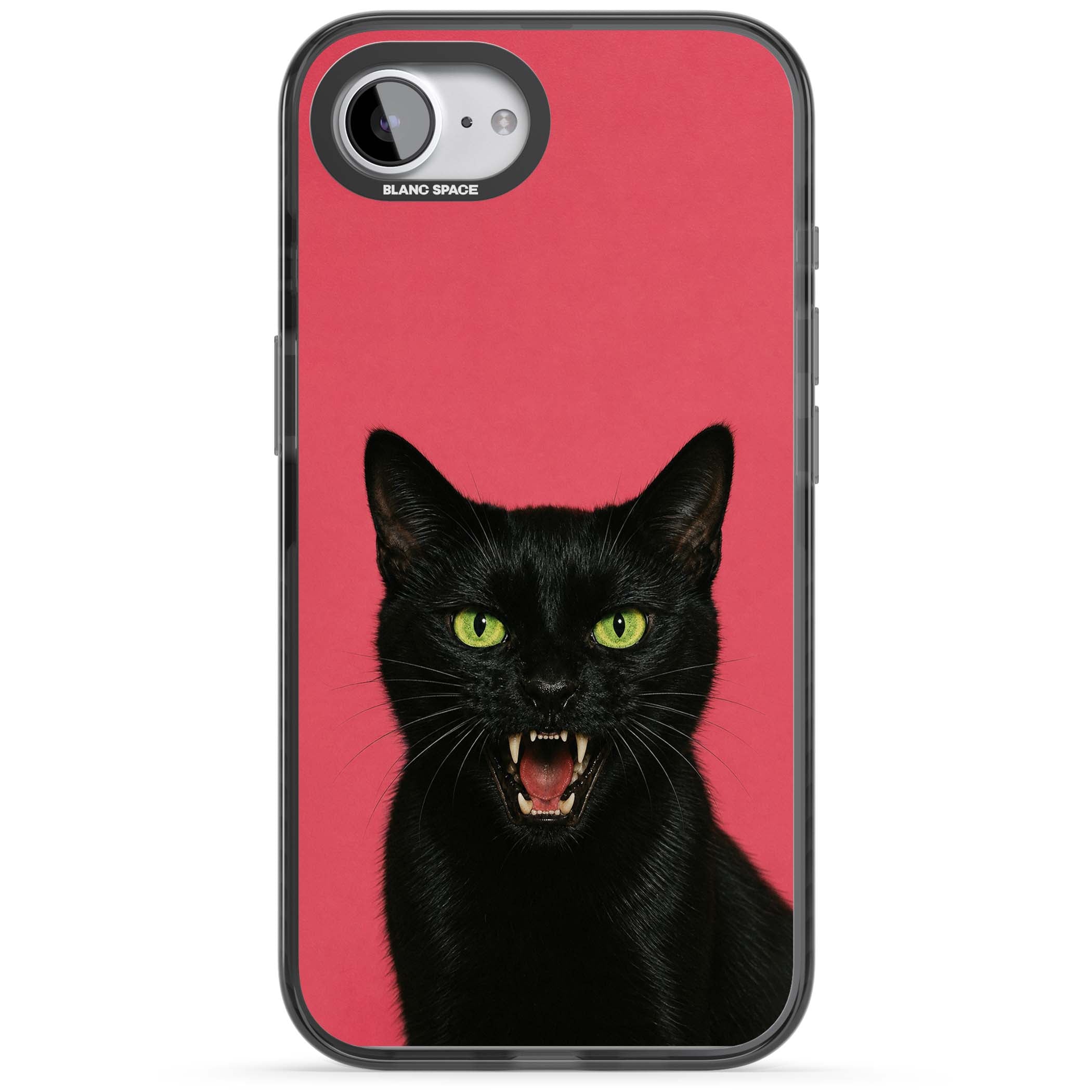 Hissin' Baddie black cat iPhone case featuring a hissing feline with green eyes on a hot pink background | Black Impact case for iPhone 16e, iPhone 17e