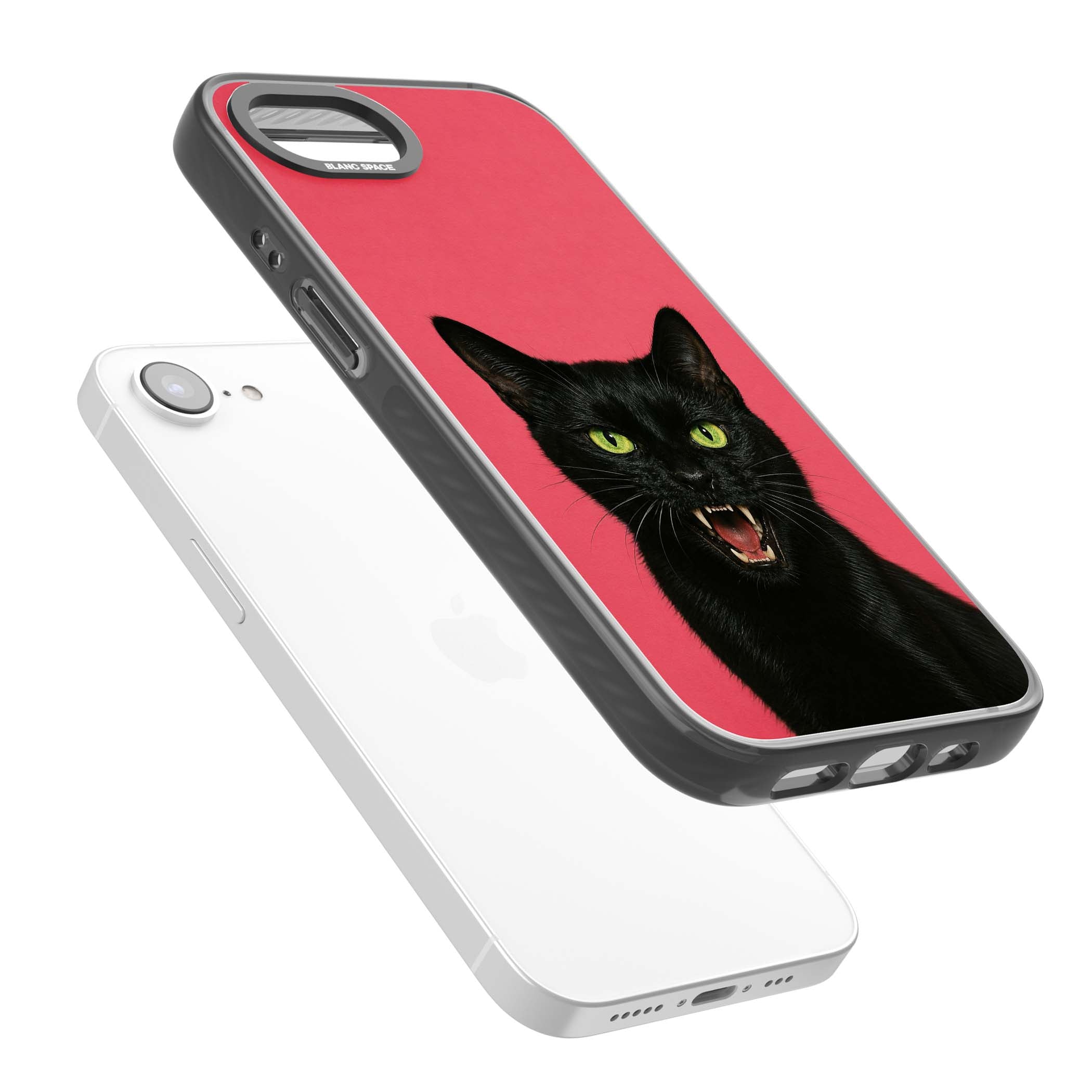 Hissin' Baddie black cat iPhone case featuring a hissing feline with green eyes on a hot pink background | Black Impact case for iPhone 16e, iPhone 17e