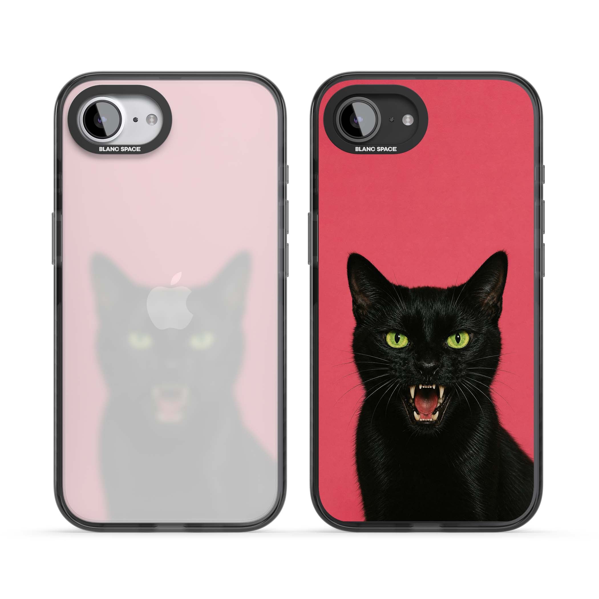 Hissin' Baddie black cat iPhone case featuring a hissing feline with green eyes on a hot pink background | Black Impact case for iPhone 16e, iPhone 17e