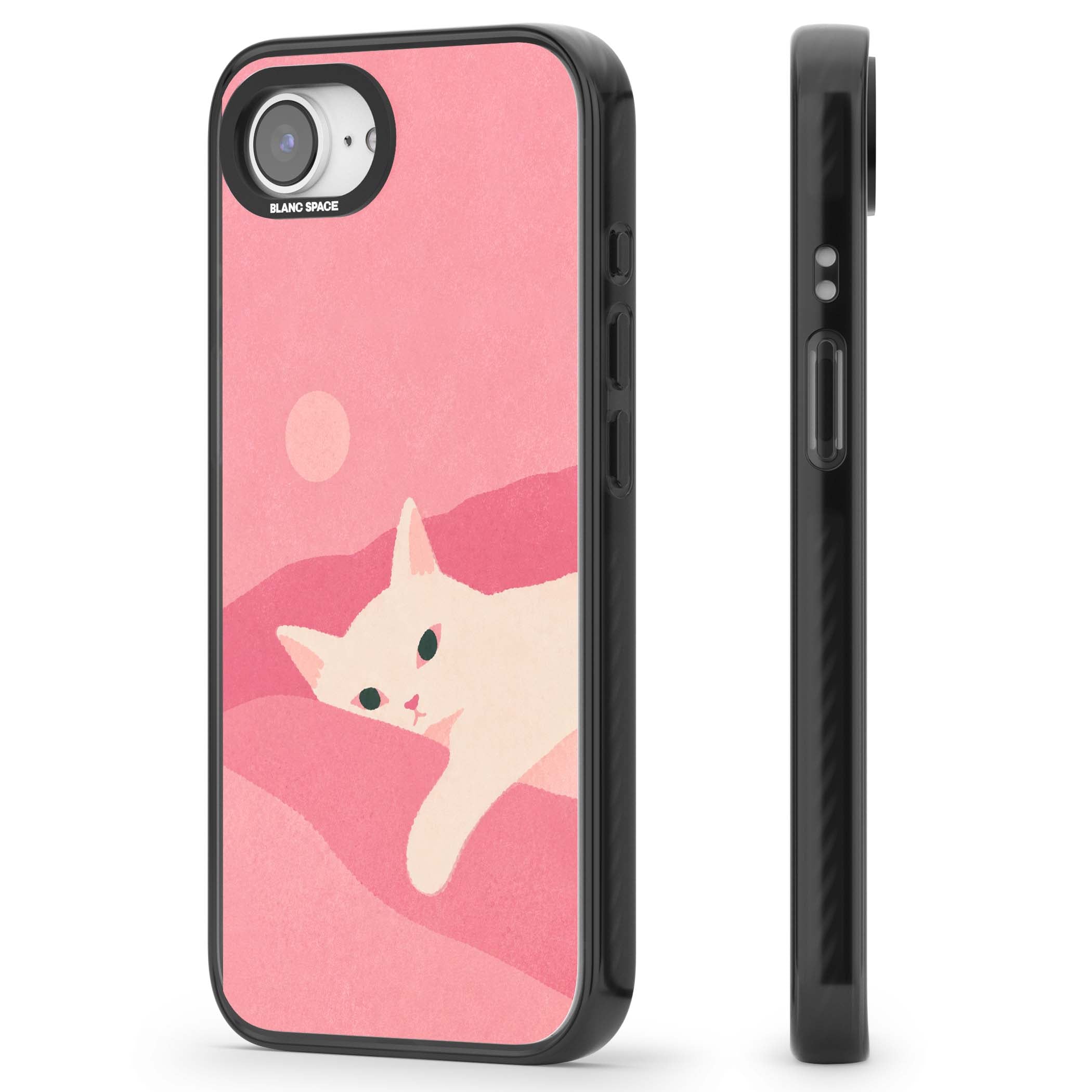 Pink Dreams cute cat iPhone case featuring a white kitten, soft pink hills and a pale pastel sun | Black Impact case for iPhone 16e, iPhone 17e