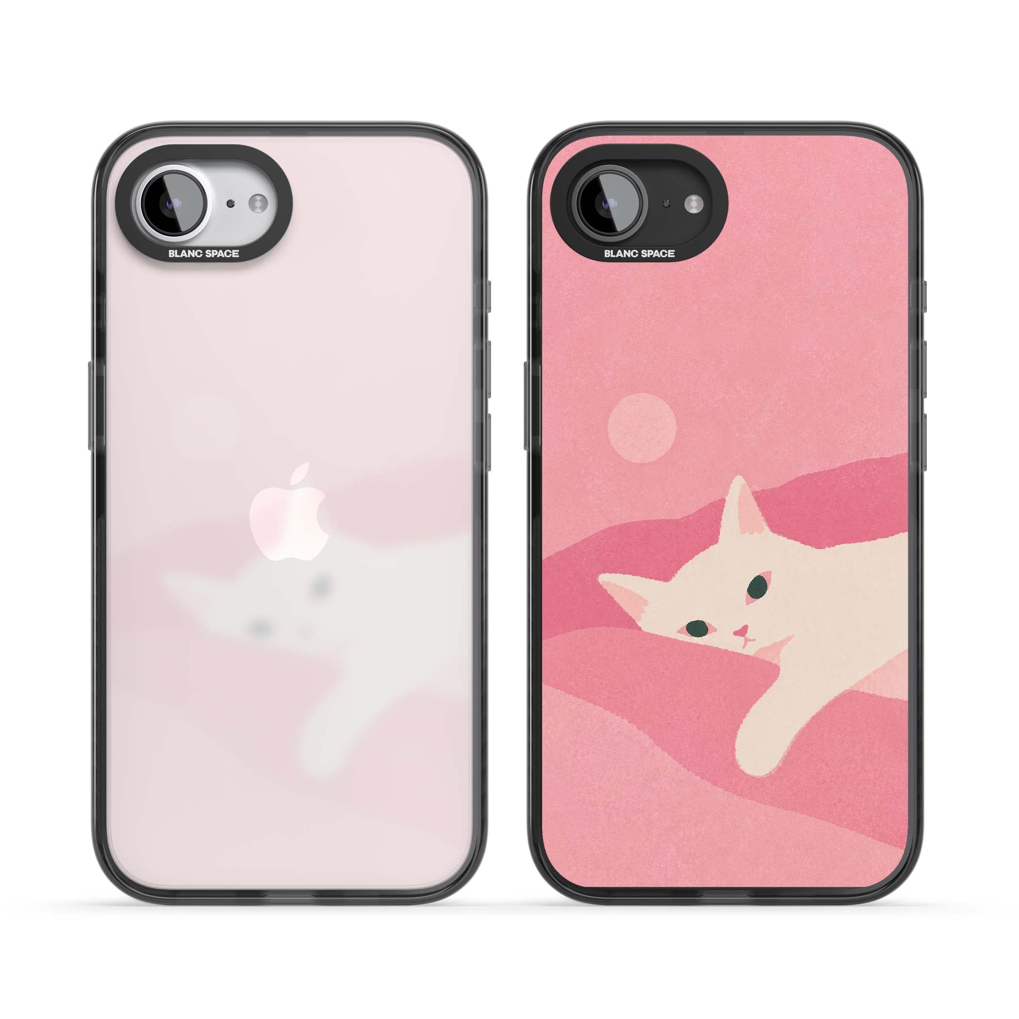 Pink Dreams cute cat iPhone case featuring a white kitten, soft pink hills and a pale pastel sun | Black Impact case for iPhone 16e, iPhone 17e
