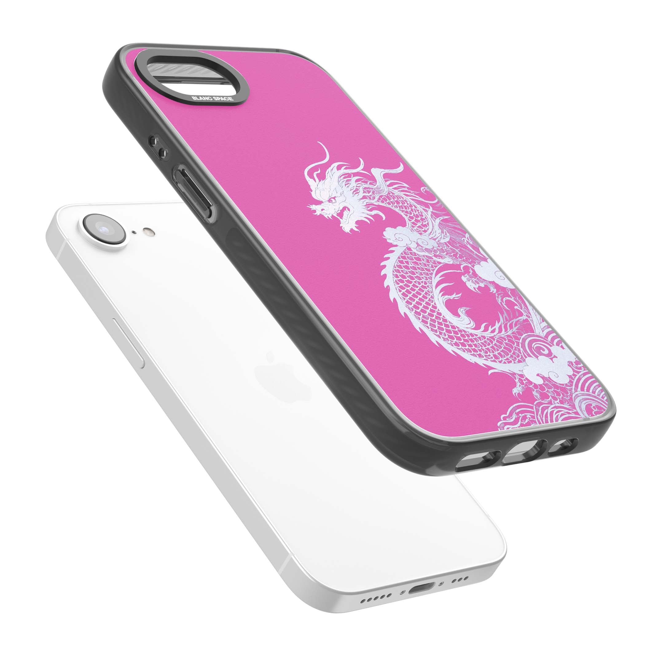 Pink Empress chinese dragon iPhone case featuring a white dragon, swirling clouds and pink dragon wallpaper backdrop | Black Impact case for iPhone 16e, iPhone 17e