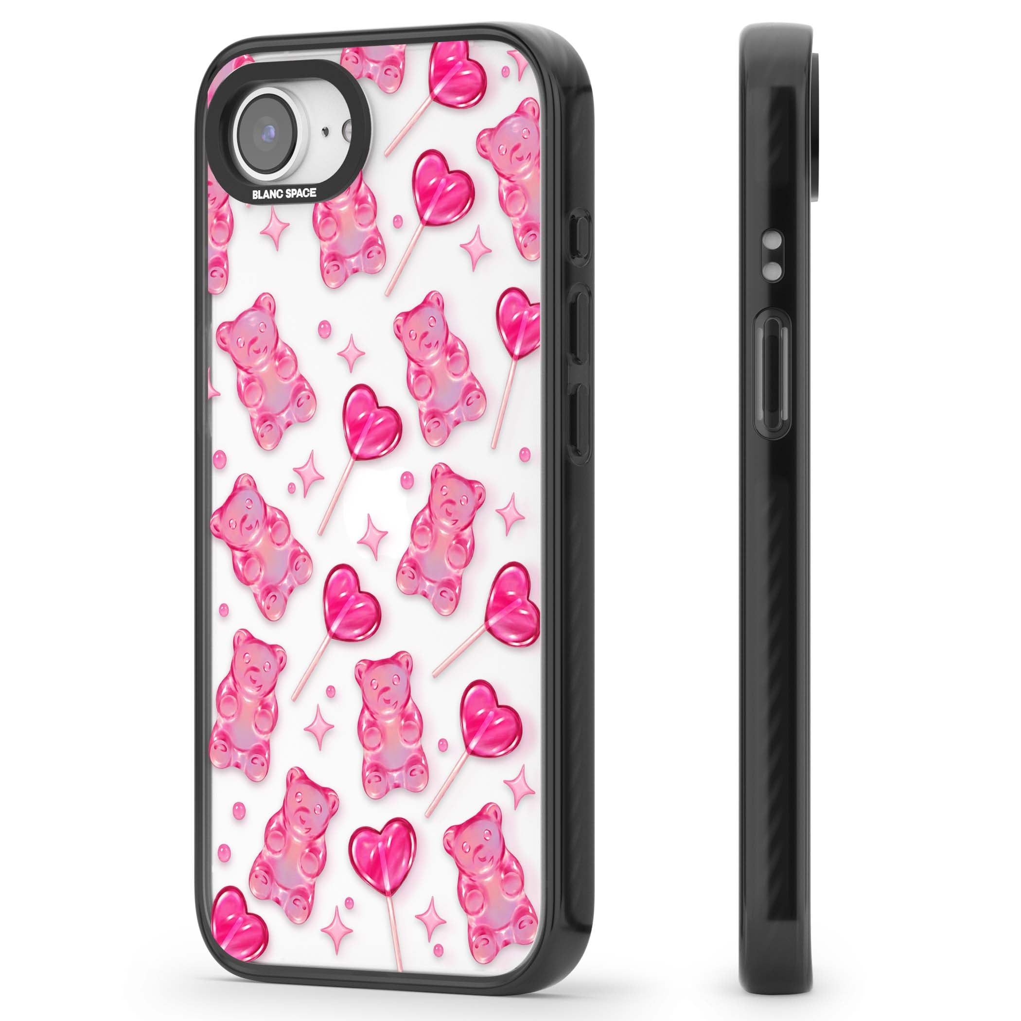 Pink Sugar pinkcore iPhone case featuring pink gummy bears, heart-shaped lollipops and sparkle stars | Black Impact case for iPhone 16e, iPhone 17e