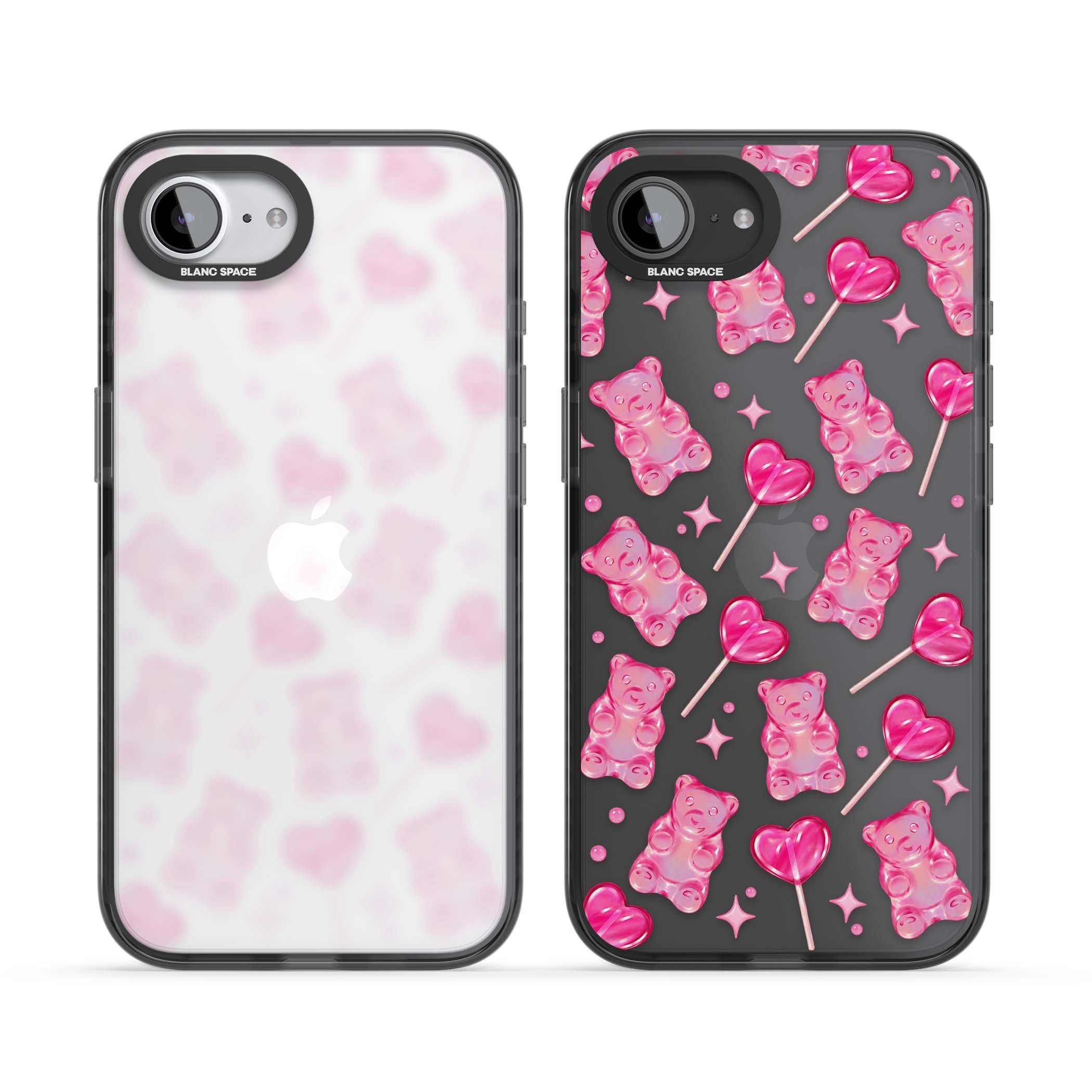 Pink Sugar pinkcore iPhone case featuring pink gummy bears, heart-shaped lollipops and sparkle stars | Black Impact case for iPhone 16e, iPhone 17e