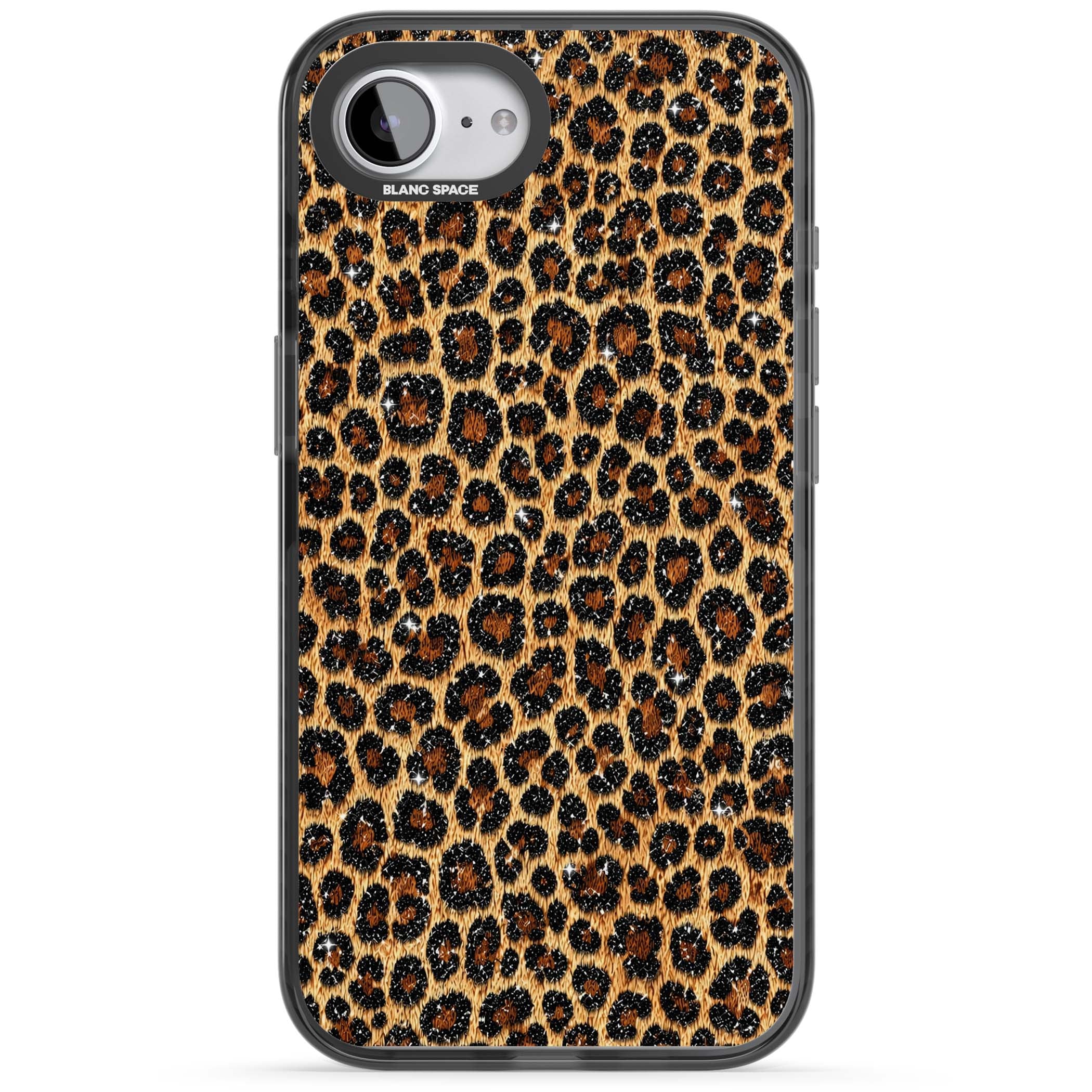 Diamond Leopard leopard print iPhone case featuring golden tan fur, black rosette spots and subtle glitter sparkle | Black Impact case for iPhone 16e, iPhone 17e
