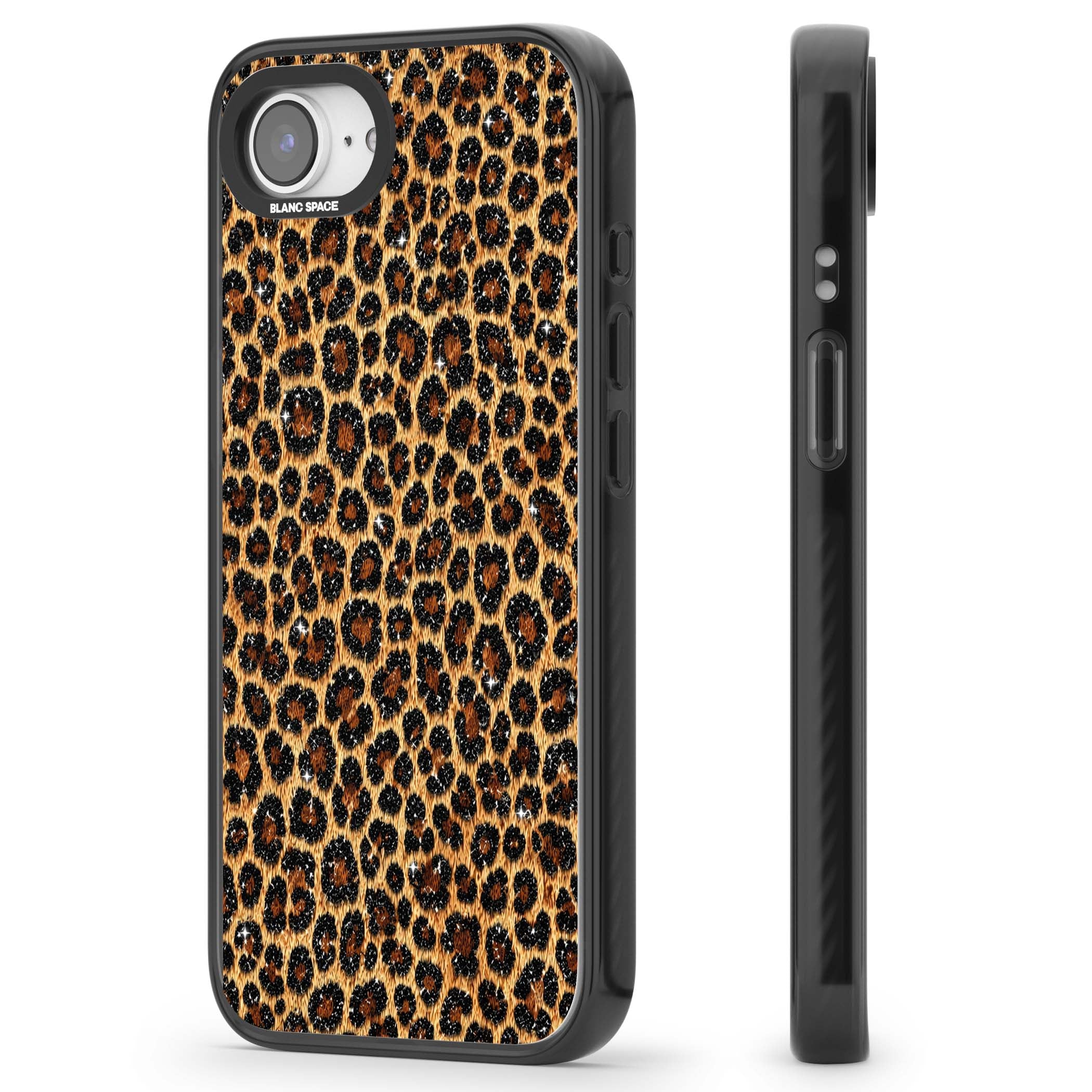 Diamond Leopard leopard print iPhone case featuring golden tan fur, black rosette spots and subtle glitter sparkle | Black Impact case for iPhone 16e, iPhone 17e