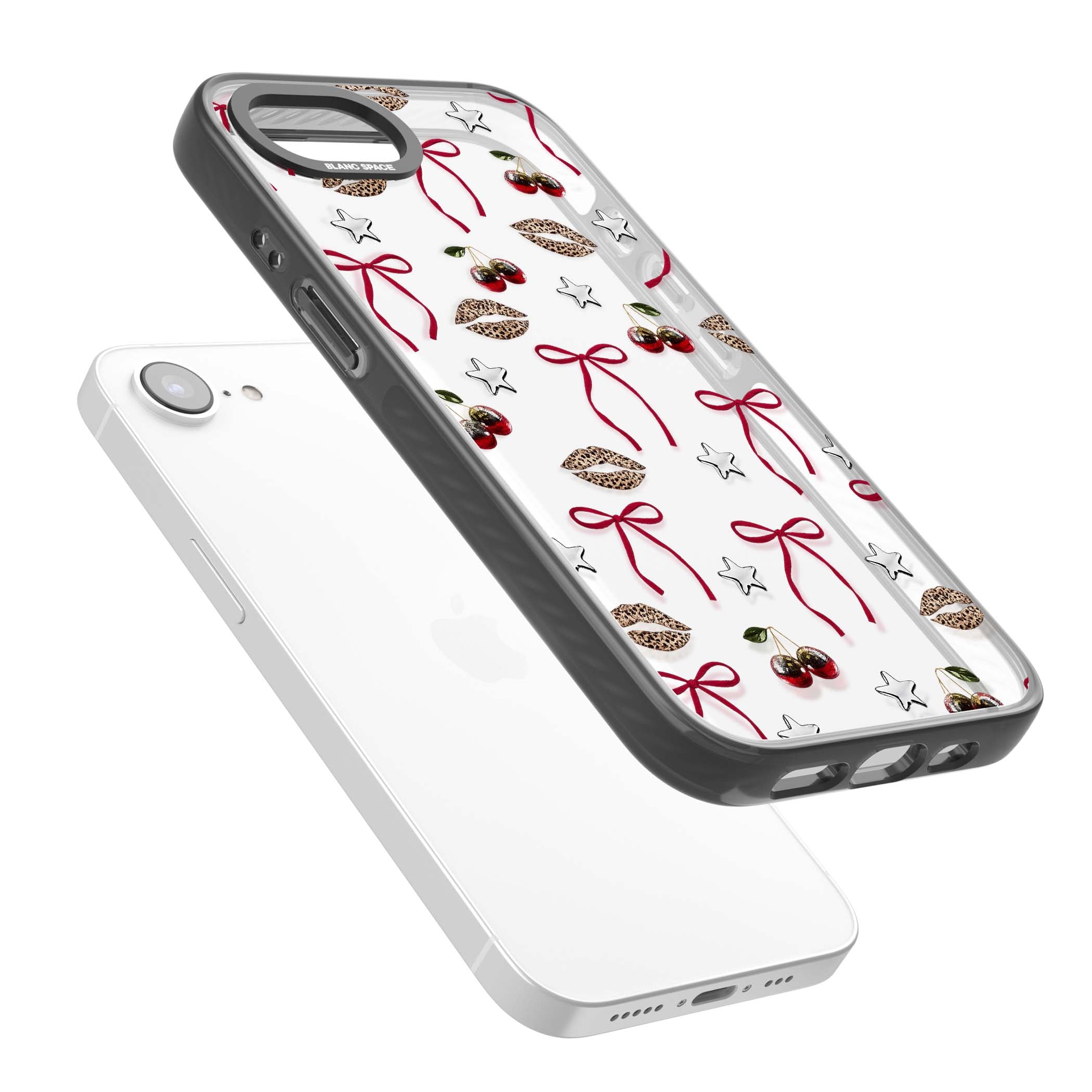 Starlet coquette iPhone case featuring red ribbon bows, disco cherries and leopard-print lips | Black Impact case for iPhone 16e, iPhone 17e