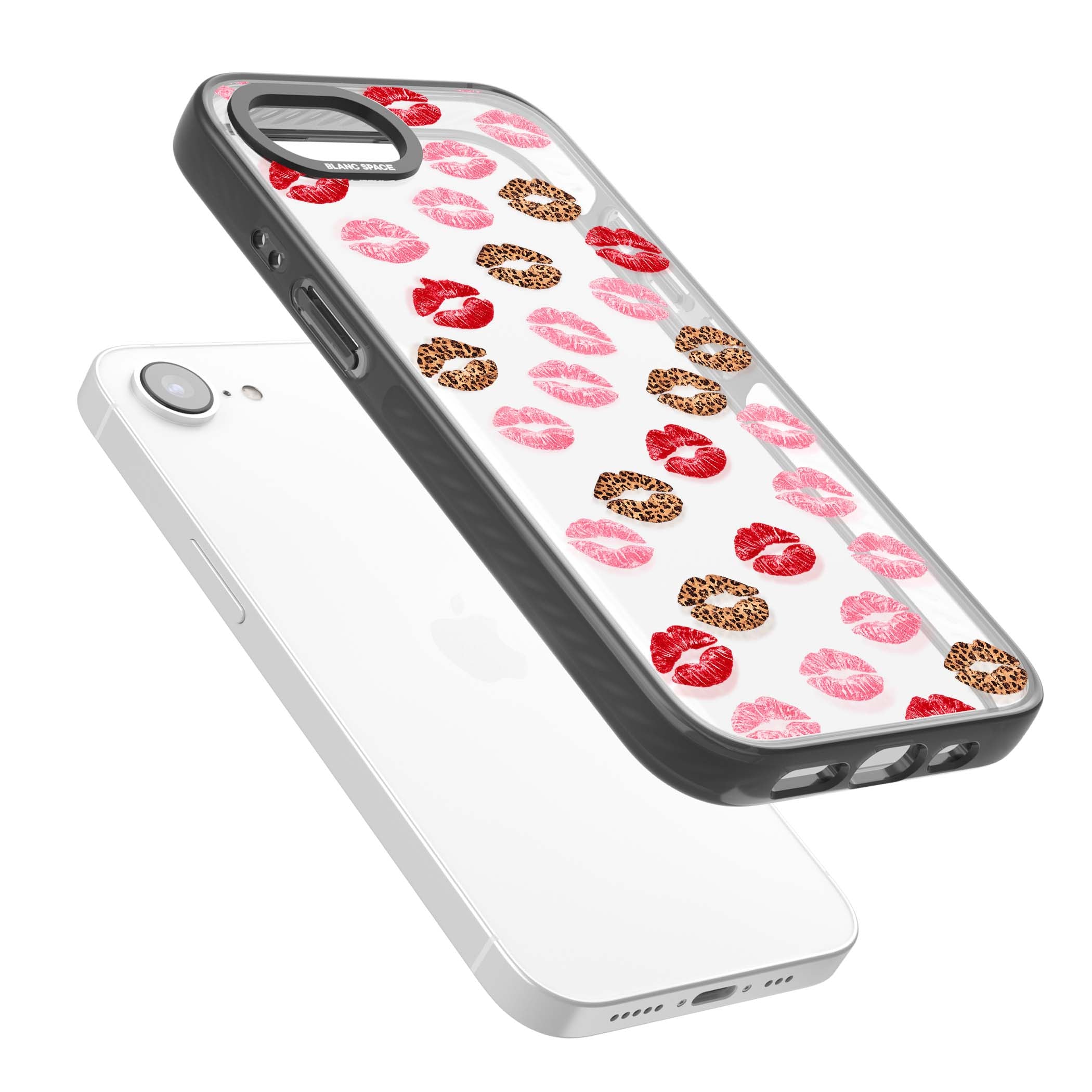 Wild Kisses coquette iPhone case featuring red, pink and leopard print lipstick kiss marks on a clear background | Black Impact case for iPhone 16e, iPhone 17e