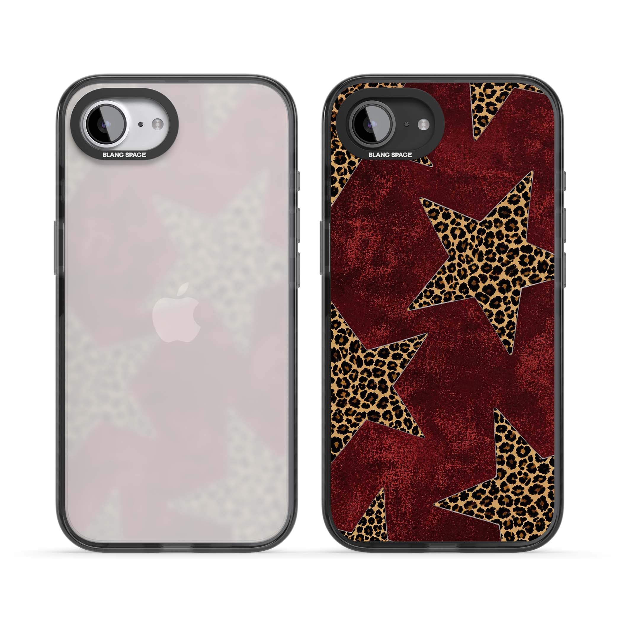 Showgirl leopard print iPhone case featuring cheetah print stars on distressed red grunge background | Black Impact case for iPhone 16e, iPhone 17e