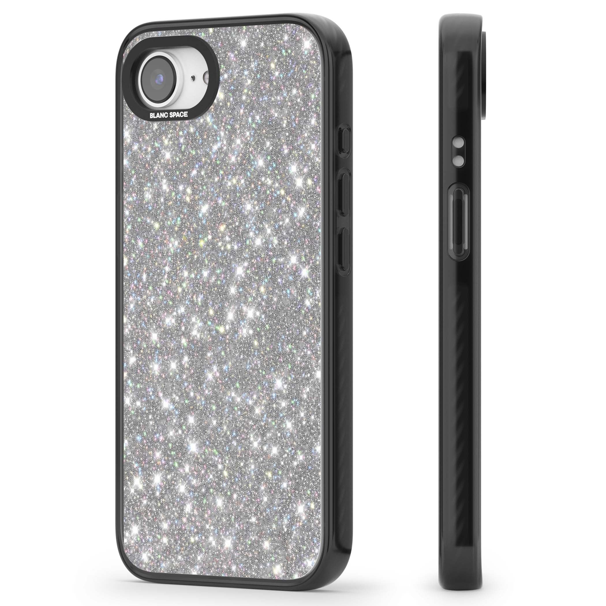 Diamond glam iPhone case featuring silver glitter sparkle and shimmering diamond dust effect | Black Impact case for iPhone 16e, iPhone 17e