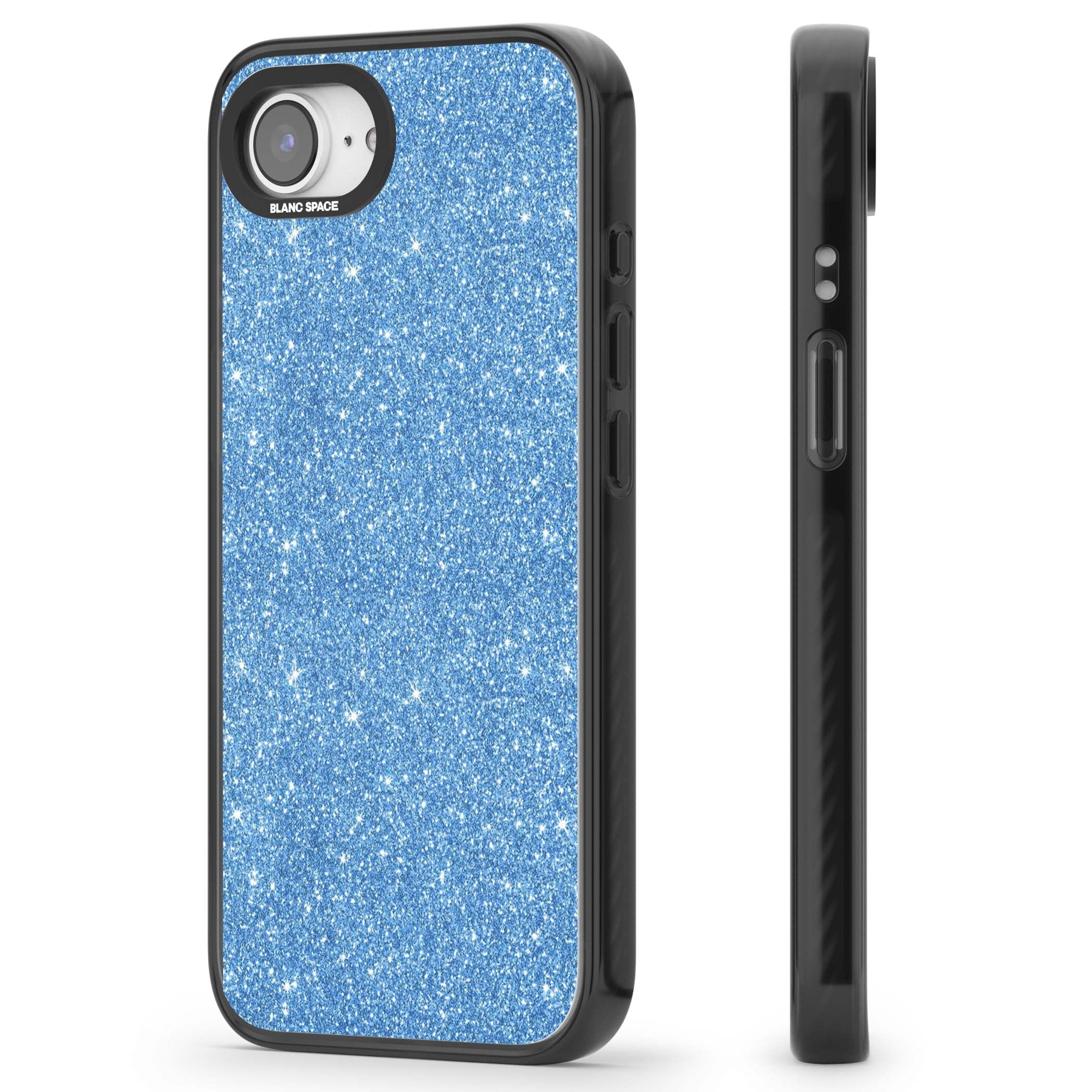 Blue Glitter blue glitter iPhone case featuring dense sparkling cerulean glitter with a glamorous shimmering finish | Black Impact case for iPhone 16e, iPhone 17e