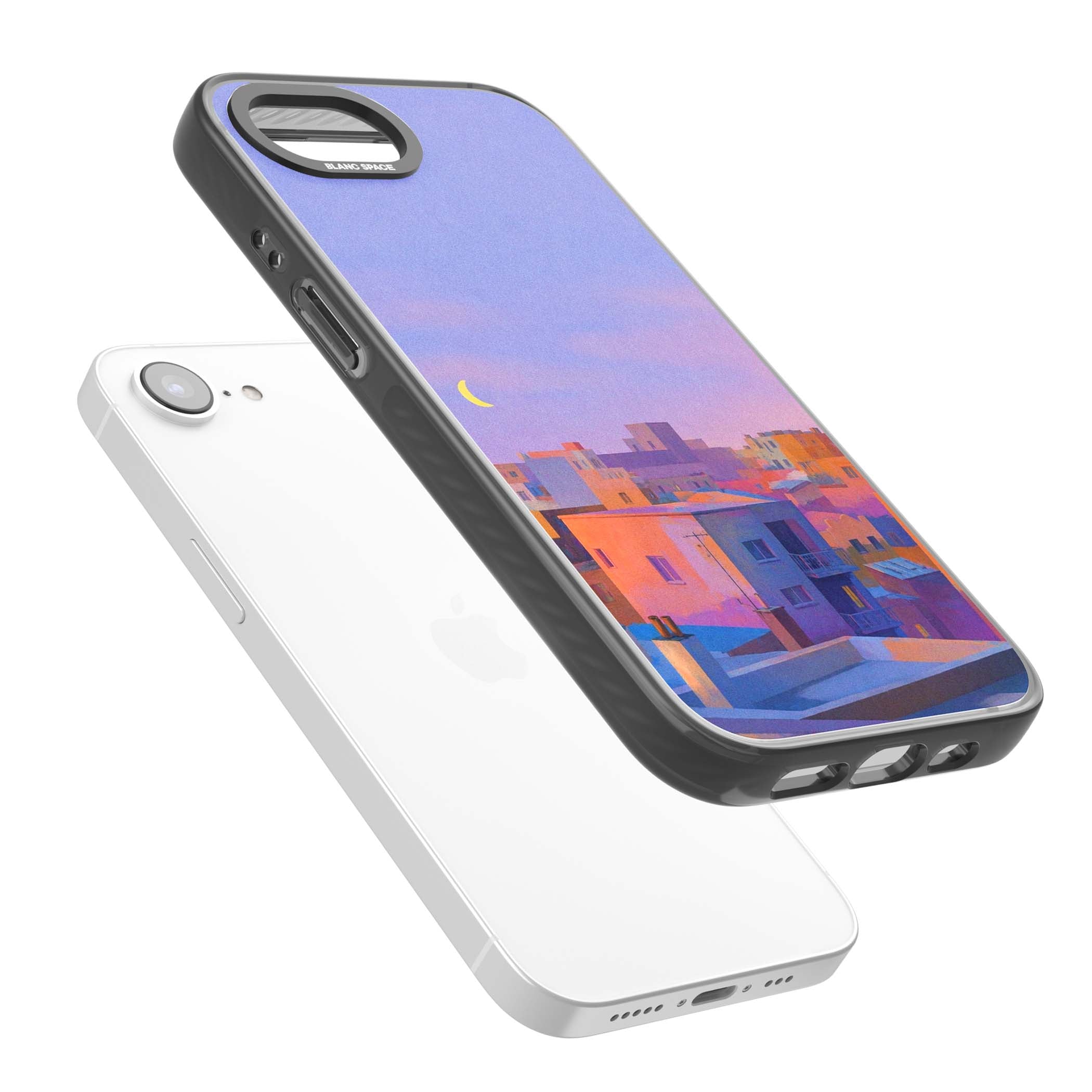 Twilight Rooftops vaporwave iPhone case featuring a pastel sunset cityscape, painted rooftops and a crescent moon. | Black Impact case for iPhone 16e, iPhone 17e