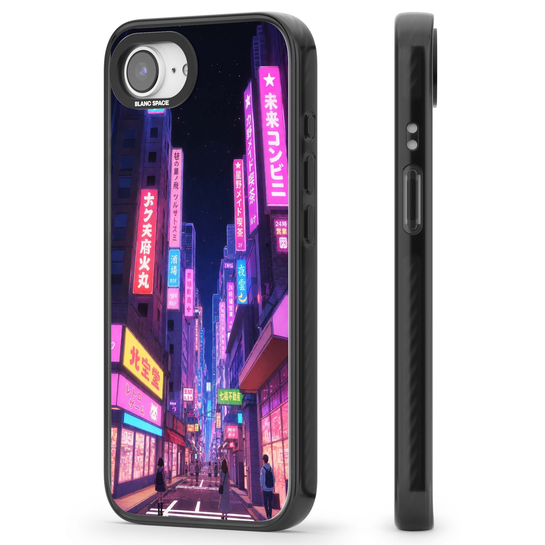 Shibuya At Night Japanese neon city iPhone case featuring glowing kanji signs, pink storefronts and a Tokyo street at n | Black Impact case for iPhone 16e, iPhone 17e