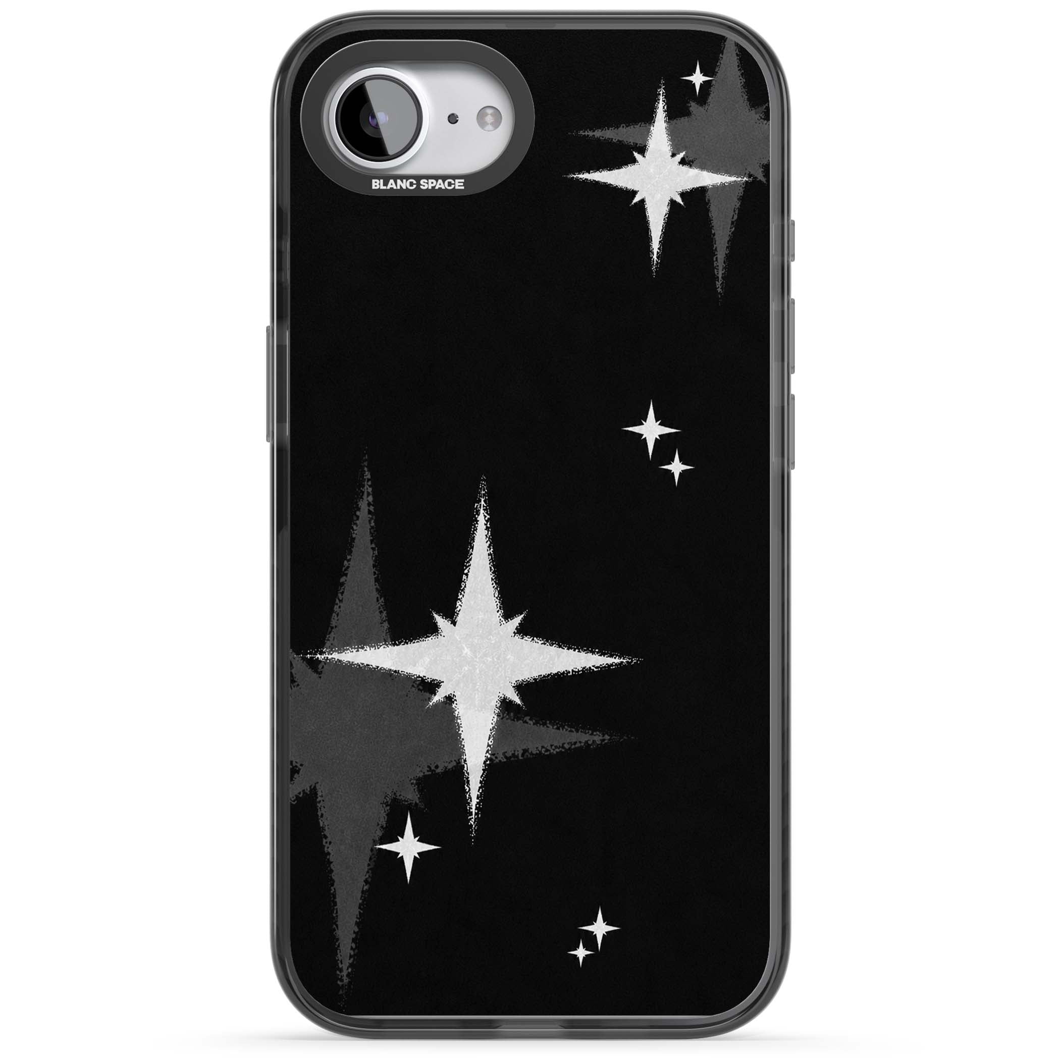 Black Sparkle celestial iPhone case featuring white sparkle stars on a black night sky background | Black Impact case for iPhone 16e, iPhone 17e