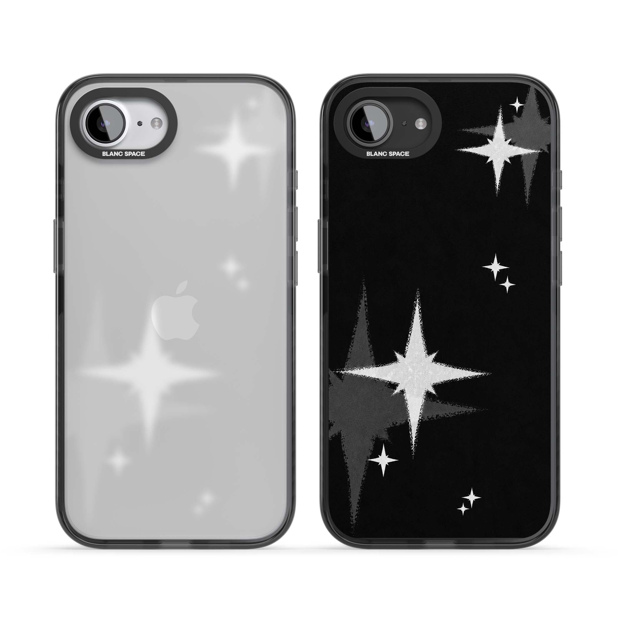 Black Sparkle celestial iPhone case featuring white sparkle stars on a black night sky background | Black Impact case for iPhone 16e, iPhone 17e
