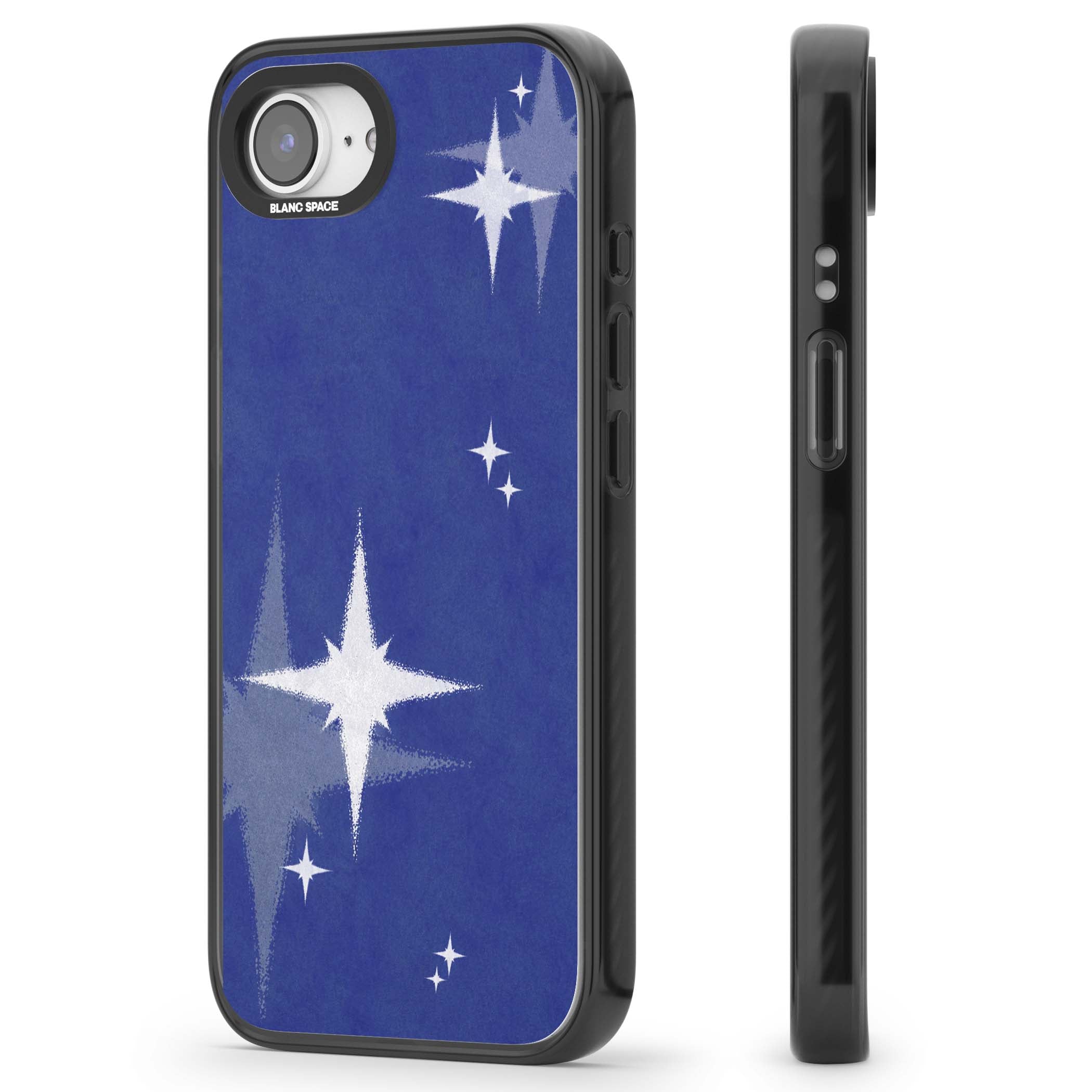 Blue Sparkle celestial iPhone case featuring sparkling silver stars on a deep blue painterly night sky | Black Impact case for iPhone 16e, iPhone 17e