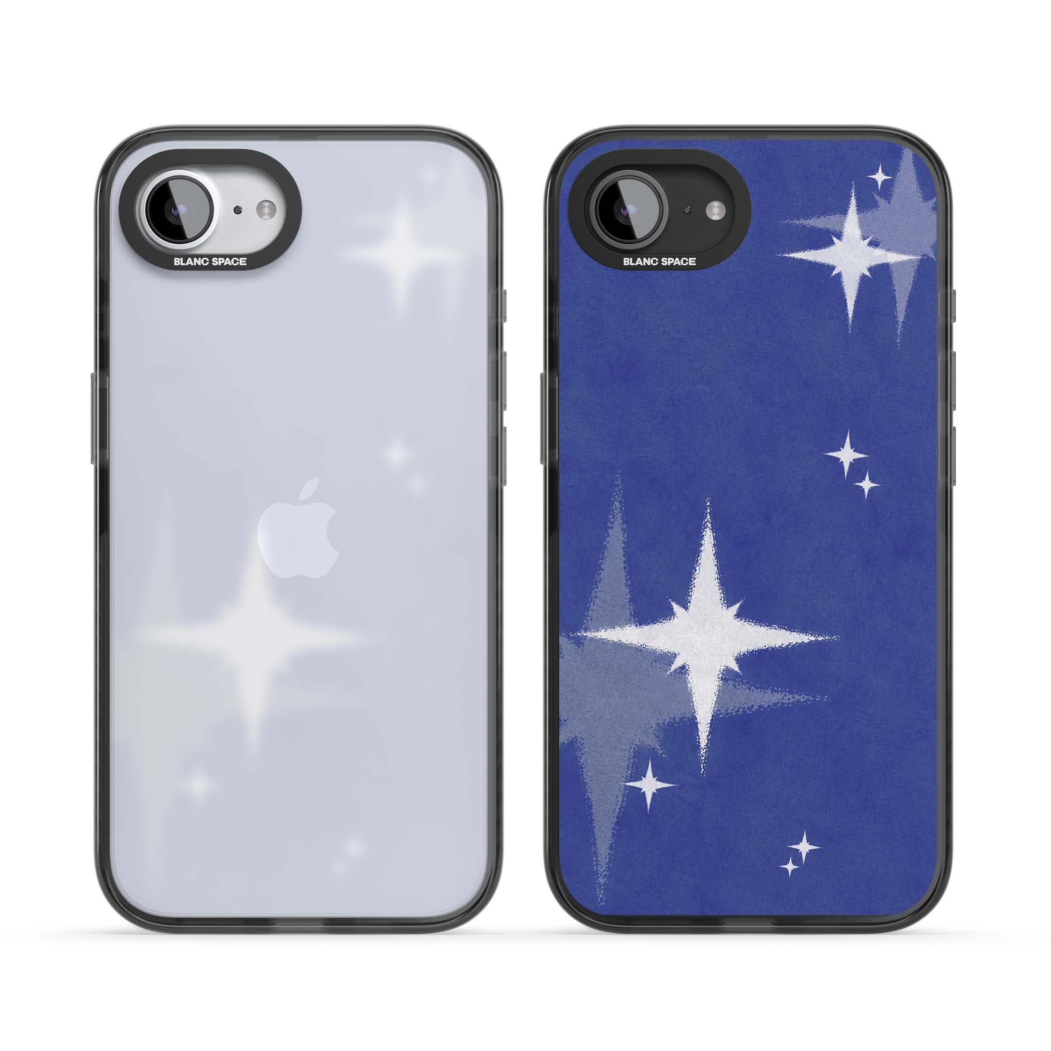 Blue Sparkle celestial iPhone case featuring sparkling silver stars on a deep blue painterly night sky | Black Impact case for iPhone 16e, iPhone 17e