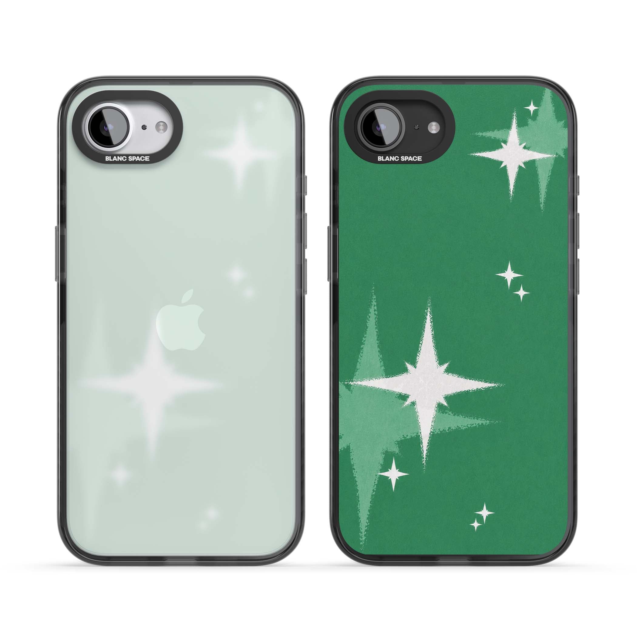 Green Sparkle celestial iPhone case featuring sparkling white four-point stars on a deep green background | Black Impact case for iPhone 16e, iPhone 17e