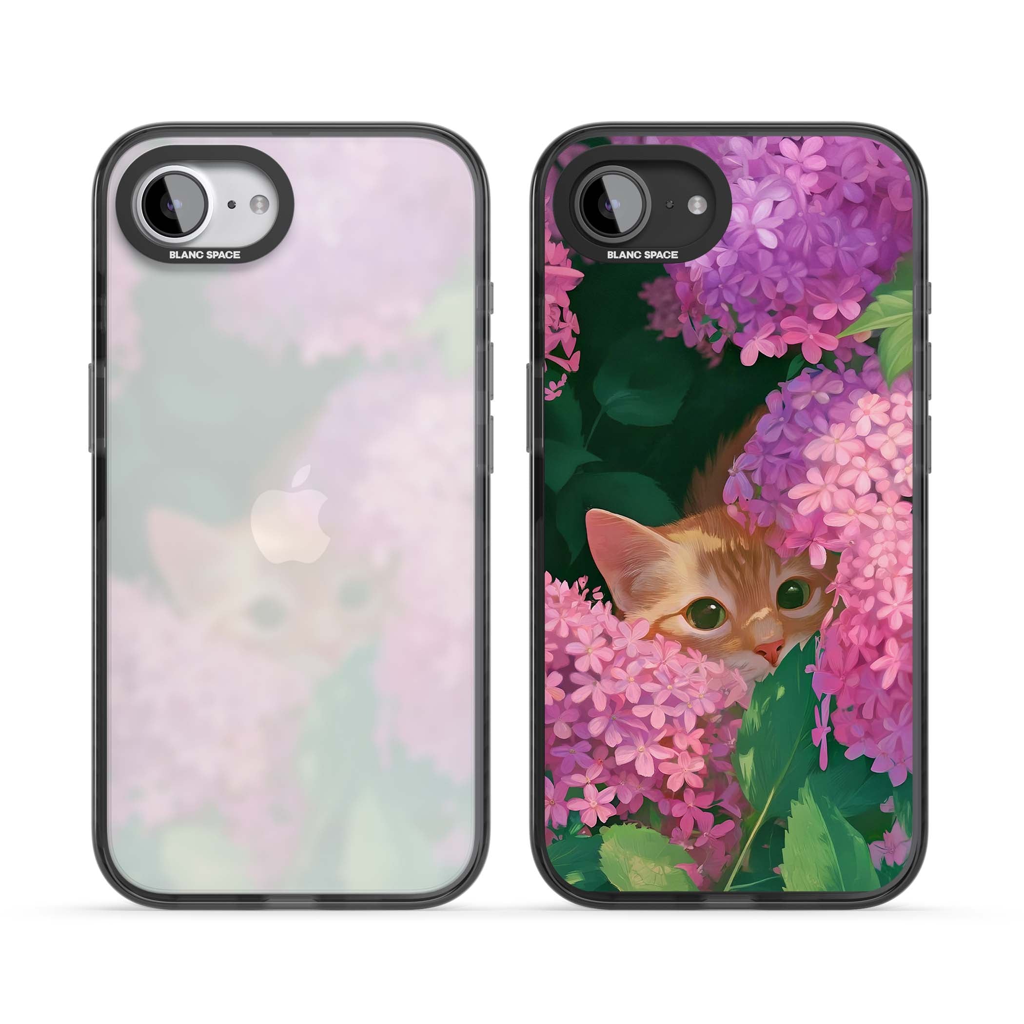 Cat In Pink Flowers cottagecore iPhone case featuring a ginger kitten peeking through lilac and pink hydrangea flo | Black Impact case for iPhone 16e, iPhone 17e