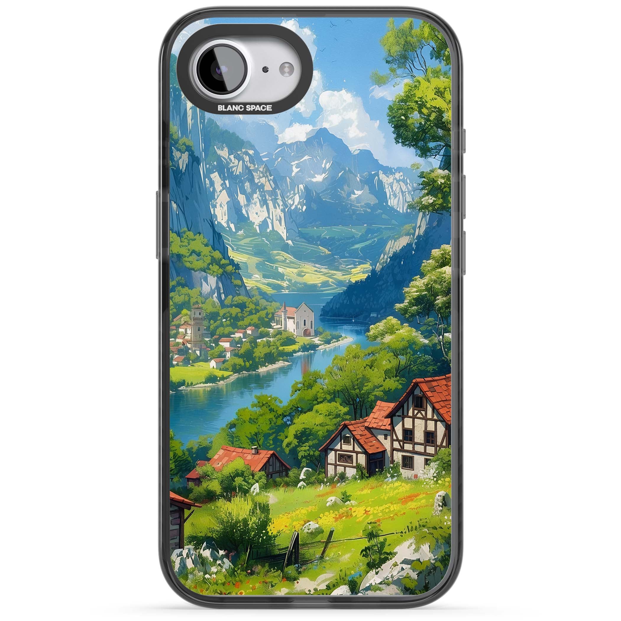 Village In The Valley anime iPhone case featuring a painted mountain village, river valley and half-timbered cottages. | Black Impact case for iPhone 16e, iPhone 17e