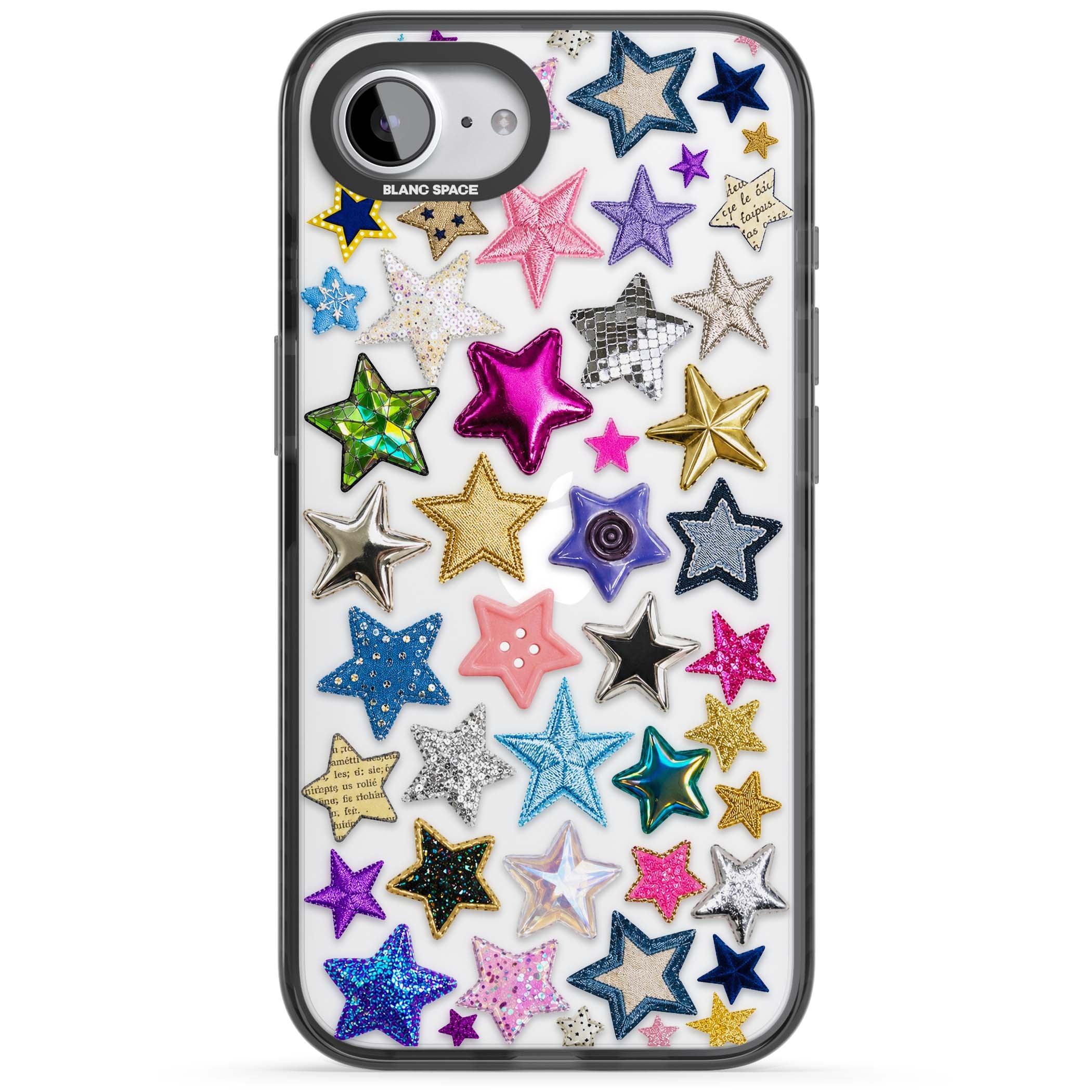 Crafty Star Mix Y2K iPhone case featuring embroidered, sequinned and glitter star patches in rainbow colours | Black Impact case for iPhone 16e, iPhone 17e