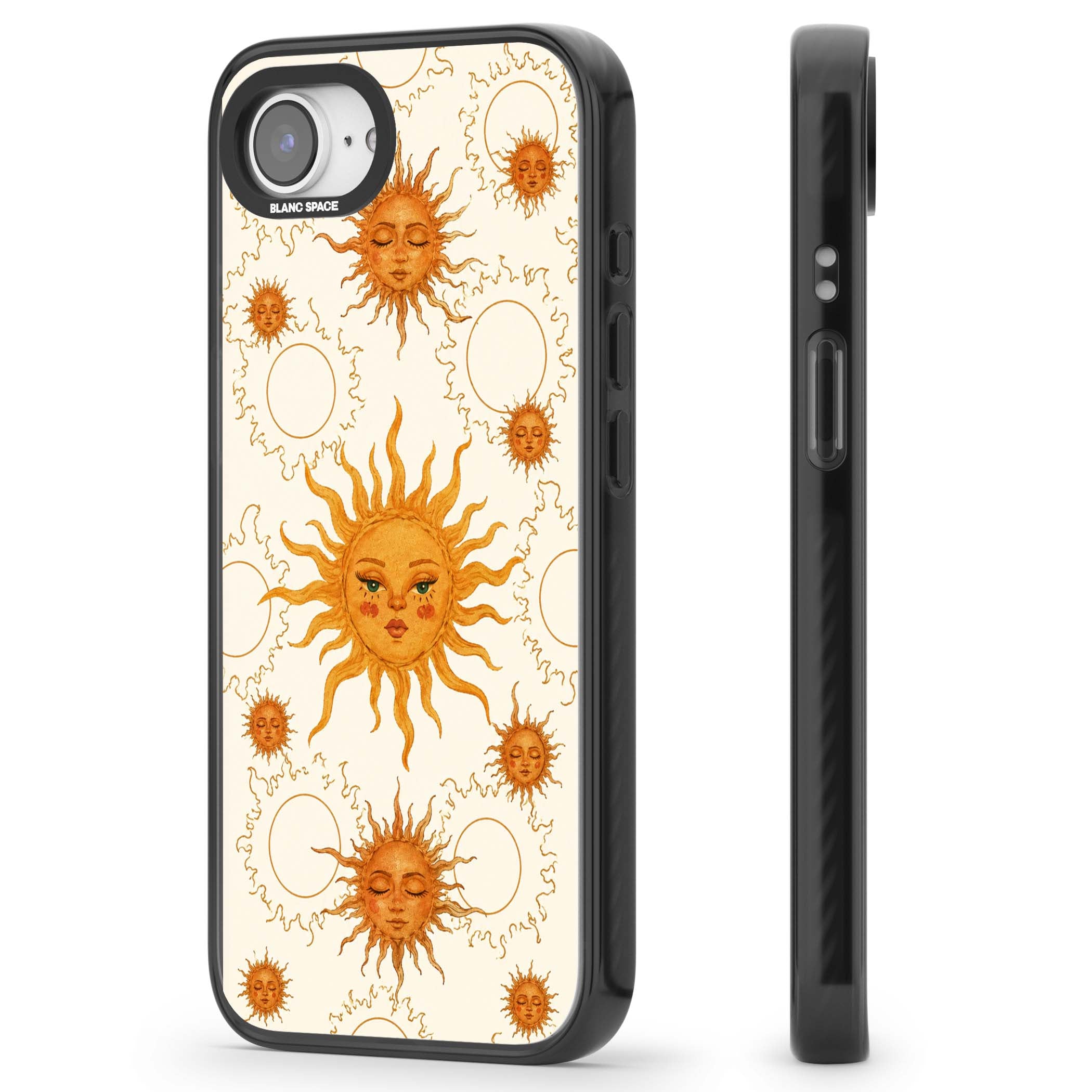 Solstice Muse celestial iPhone case featuring hand-painted golden sun faces, closed-eye sun goddesses and outlined moons... | Black Impact case for iPhone 16e, iPhone 17e