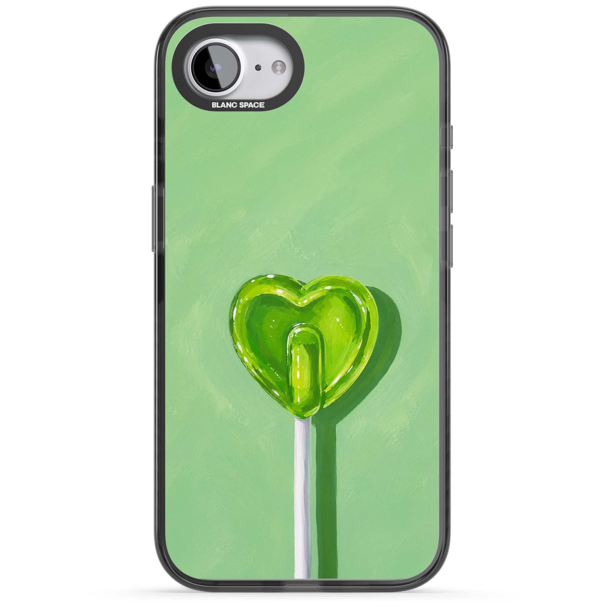 Green Lollipop candy art iPhone case featuring a glossy green heart-shaped lollipop on a painted pastel green background | Black Impact case for iPhone 16e, iPhone 17e