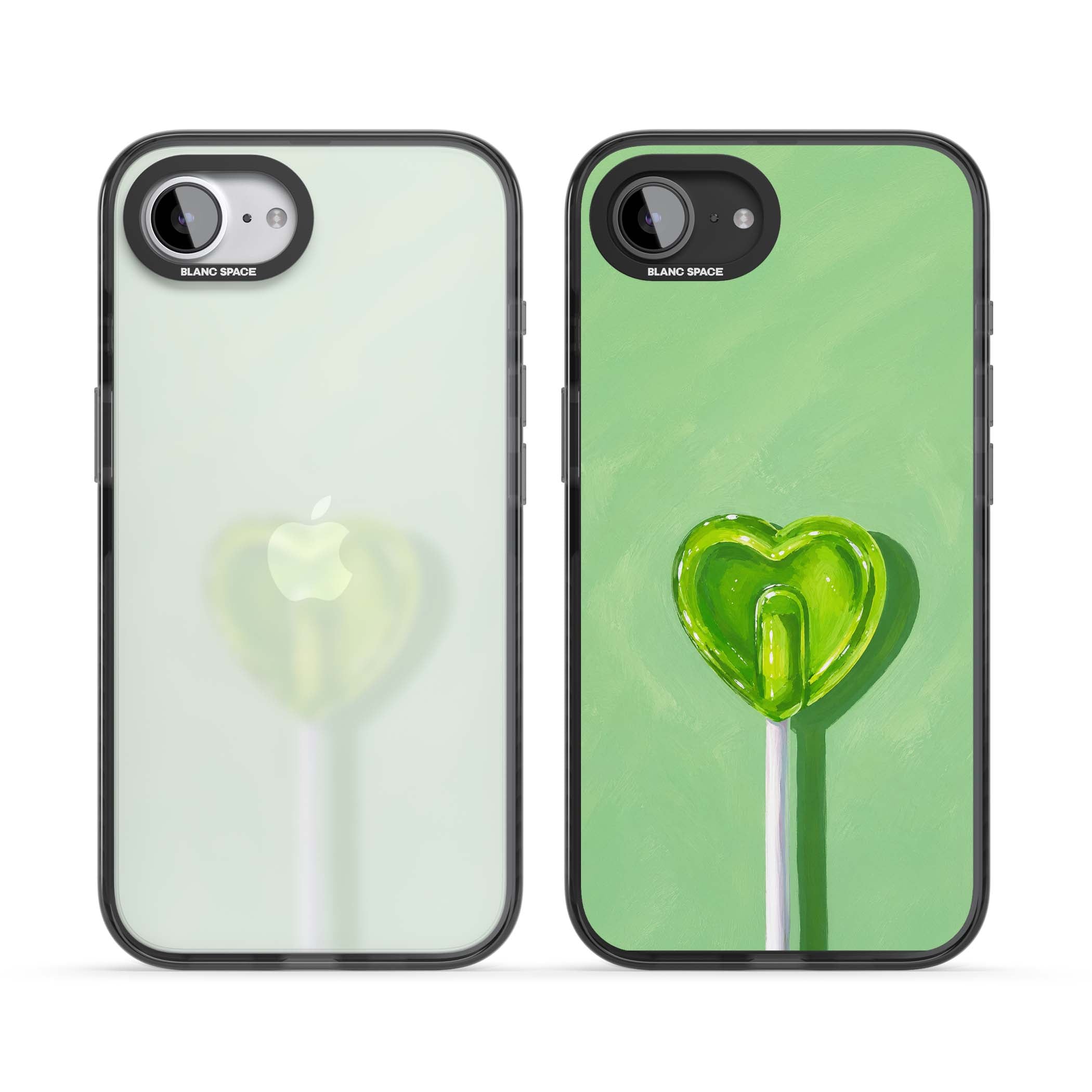Green Lollipop candy art iPhone case featuring a glossy green heart-shaped lollipop on a painted pastel green background | Black Impact case for iPhone 16e, iPhone 17e