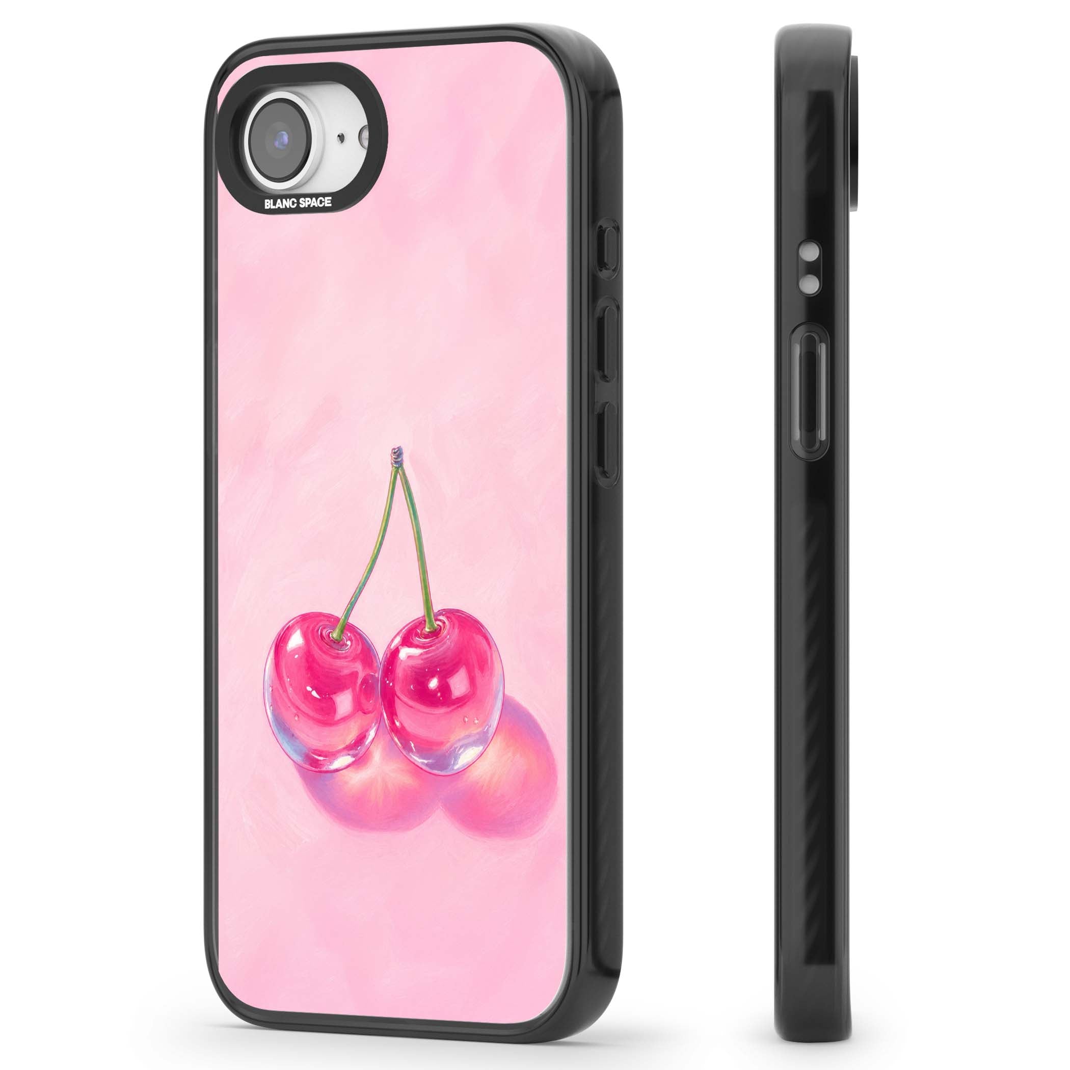 Pink Glass Cherry coquette iPhone case featuring two glossy painted cherries on a soft pink background | Black Impact case for iPhone 16e, iPhone 17e