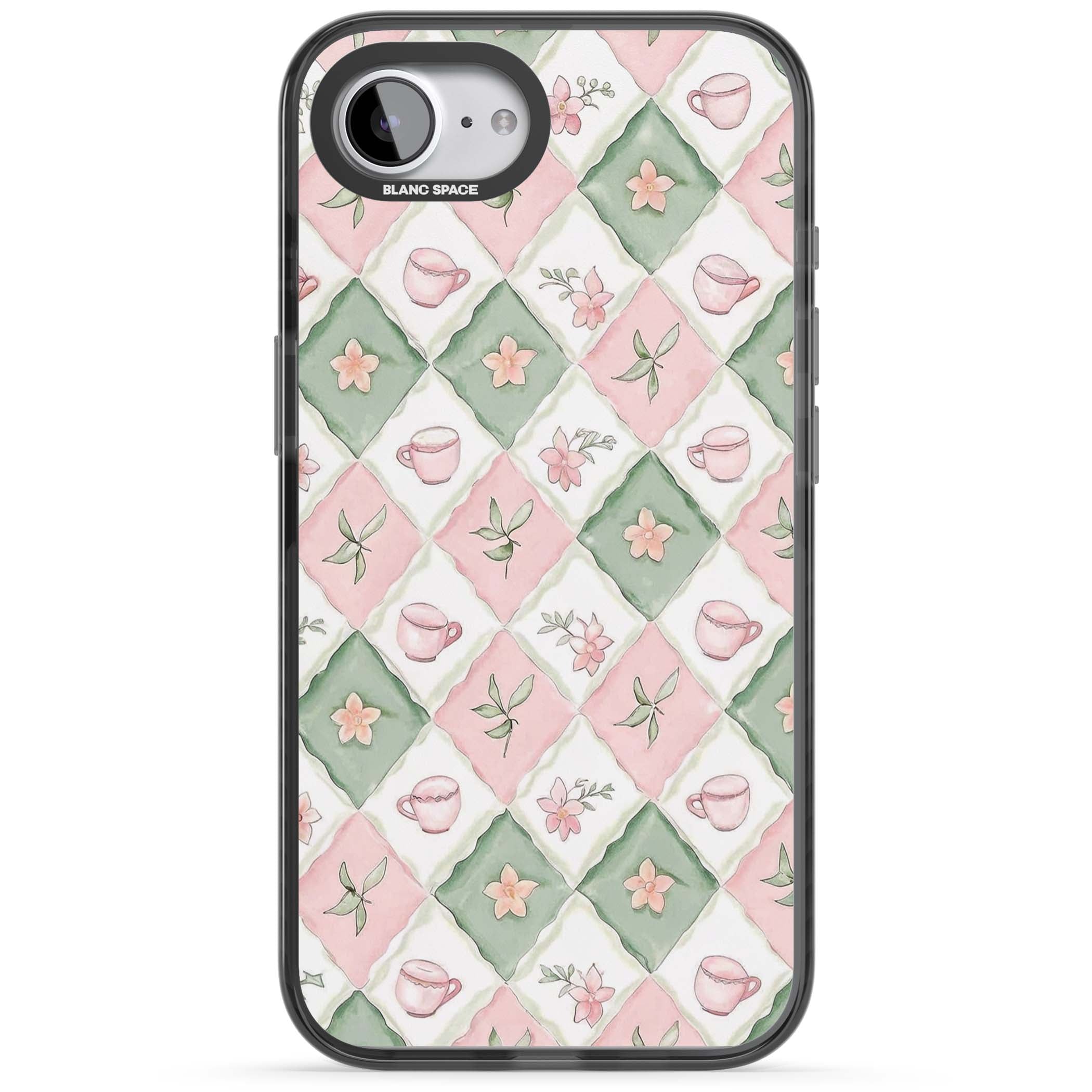 Garden Tea Party coquette iPhone case with pink and green checkered pattern, watercolour teacups and wildflowers | Black Impact case for iPhone 16e, iPhone 17e