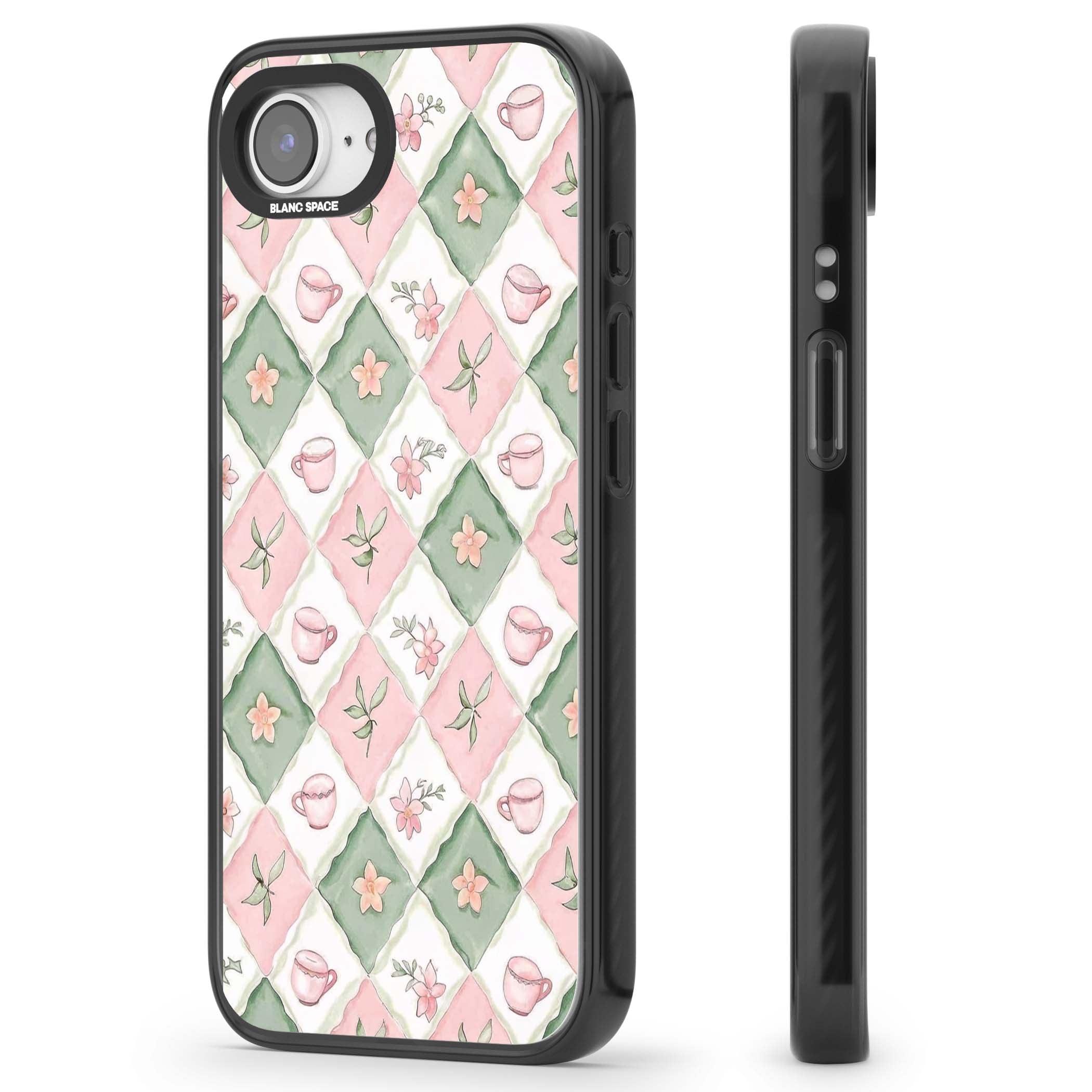 Garden Tea Party coquette iPhone case with pink and green checkered pattern, watercolour teacups and wildflowers | Black Impact case for iPhone 16e, iPhone 17e