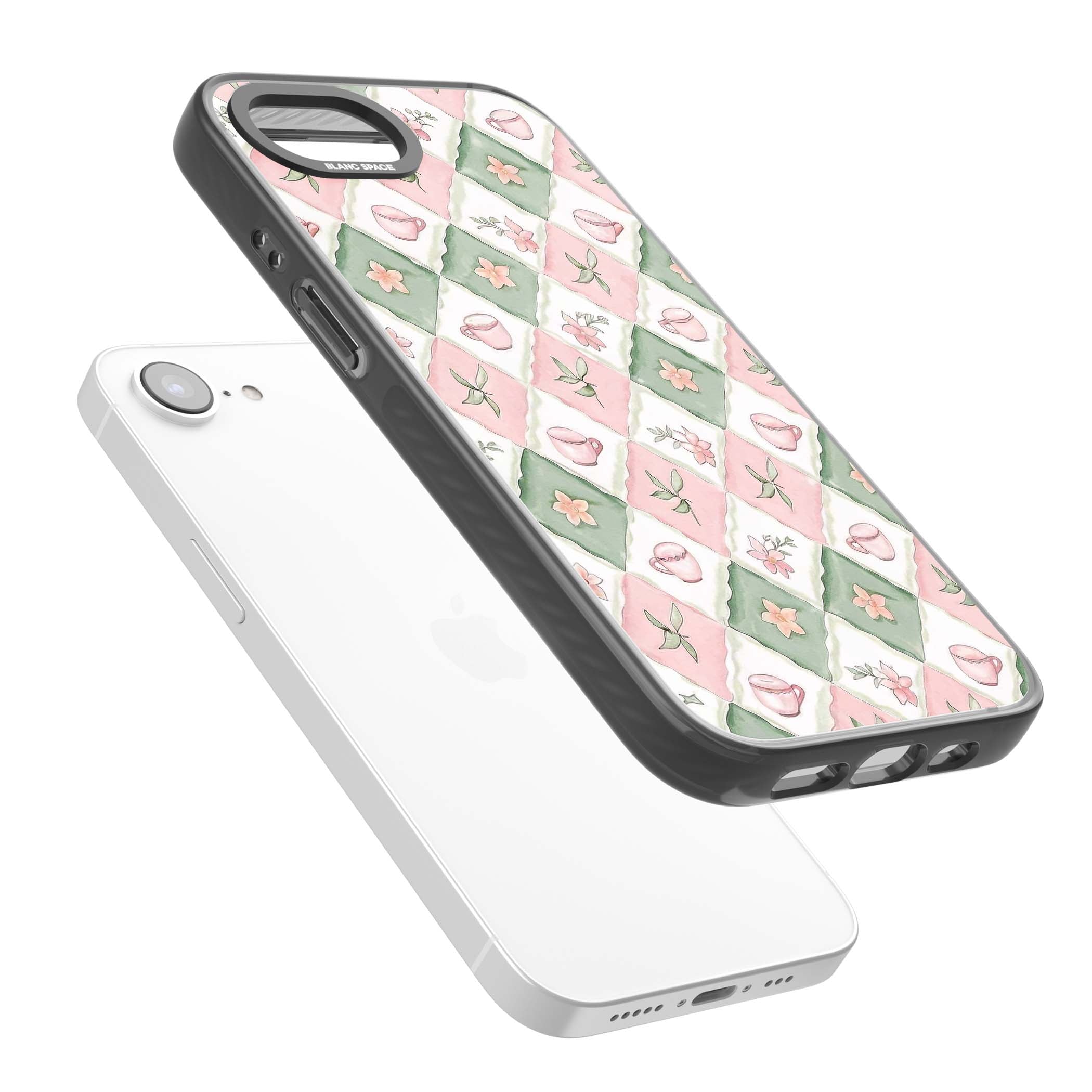 Garden Tea Party coquette iPhone case with pink and green checkered pattern, watercolour teacups and wildflowers | Black Impact case for iPhone 16e, iPhone 17e