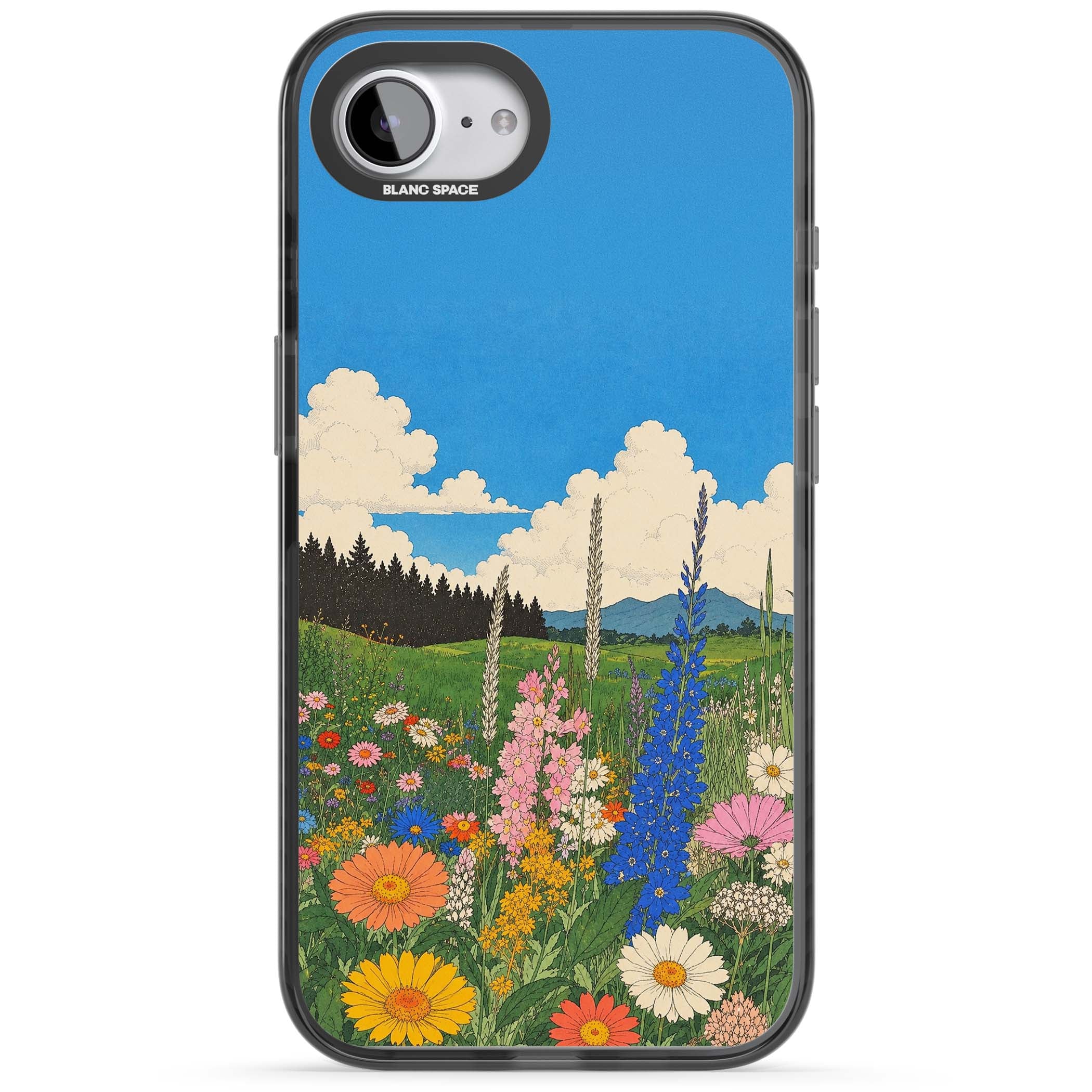 Wildbloom wildflower iPhone case featuring a vintage Japanese-style meadow landscape with daisies, delphiniums and moun | Black Impact case for iPhone 16e, iPhone 17e