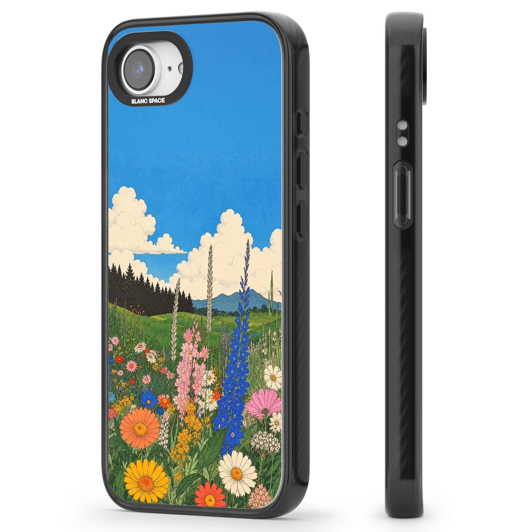 Wildbloom wildflower iPhone case featuring a vintage Japanese-style meadow landscape with daisies, delphiniums and moun | Black Impact case for iPhone 16e, iPhone 17e