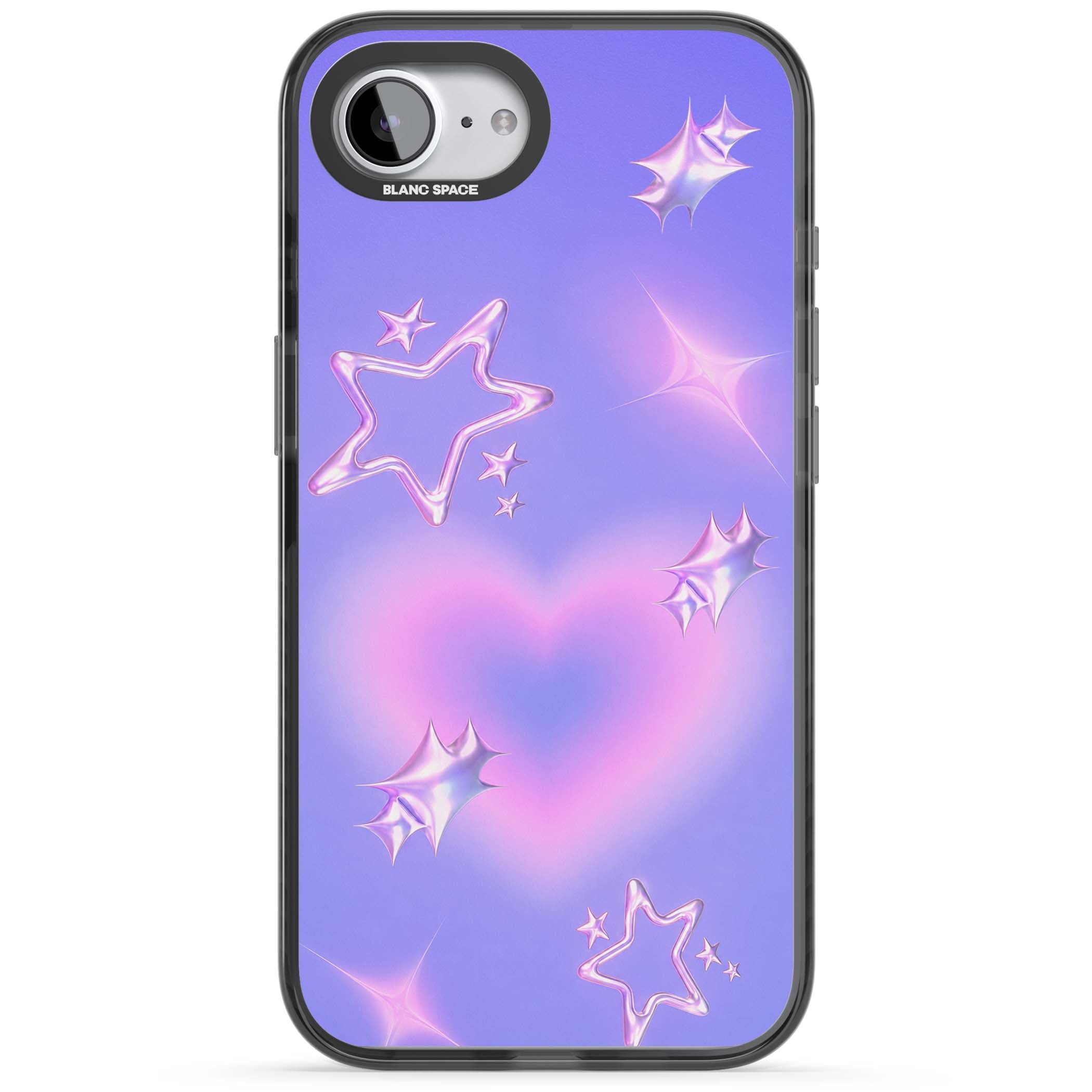 Soft Sugar Y2K iPhone case featuring iridescent chrome hearts, metallic pink stars and a lavender gradient sky | Black Impact case for iPhone 16e, iPhone 17e