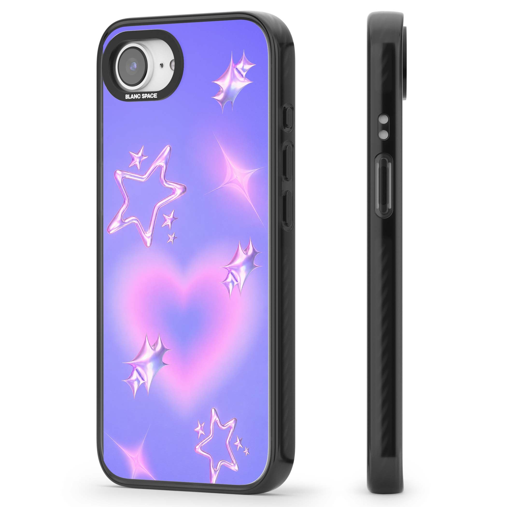 Soft Sugar Y2K iPhone case featuring iridescent chrome hearts, metallic pink stars and a lavender gradient sky | Black Impact case for iPhone 16e, iPhone 17e