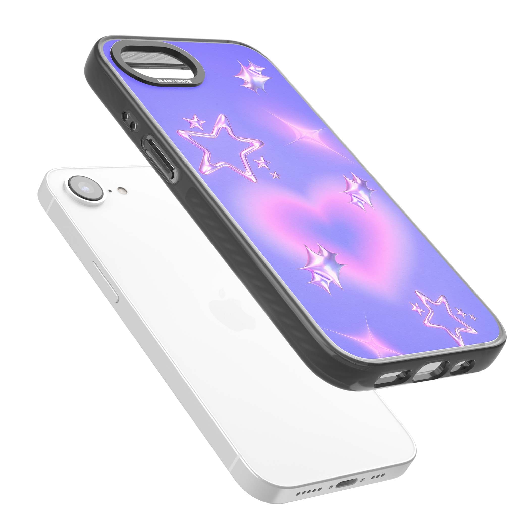 Soft Sugar Y2K iPhone case featuring iridescent chrome hearts, metallic pink stars and a lavender gradient sky | Black Impact case for iPhone 16e, iPhone 17e