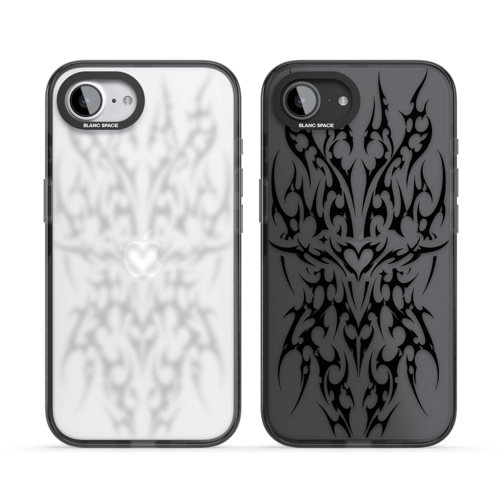 Neo Tribal Heart gothic iPhone case featuring symmetrical black tribal tattoo art with sharp thorn-like linework | Black Impact case for iPhone 16e, iPhone 17e