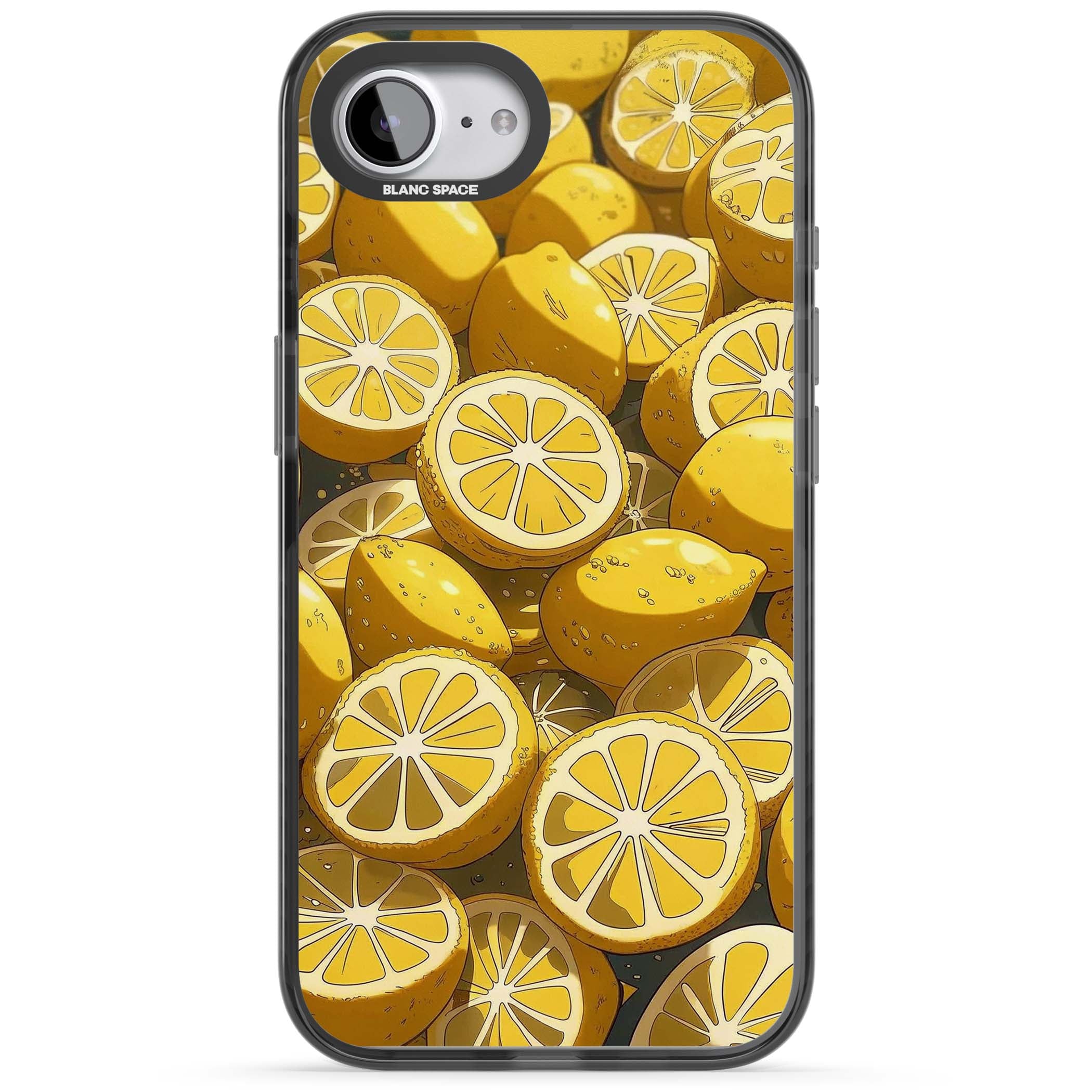 Zesty coastal iPhone case featuring illustrated Mediterranean lemons and citrus slices in golden yellow | Black Impact case for iPhone 16e, iPhone 17e