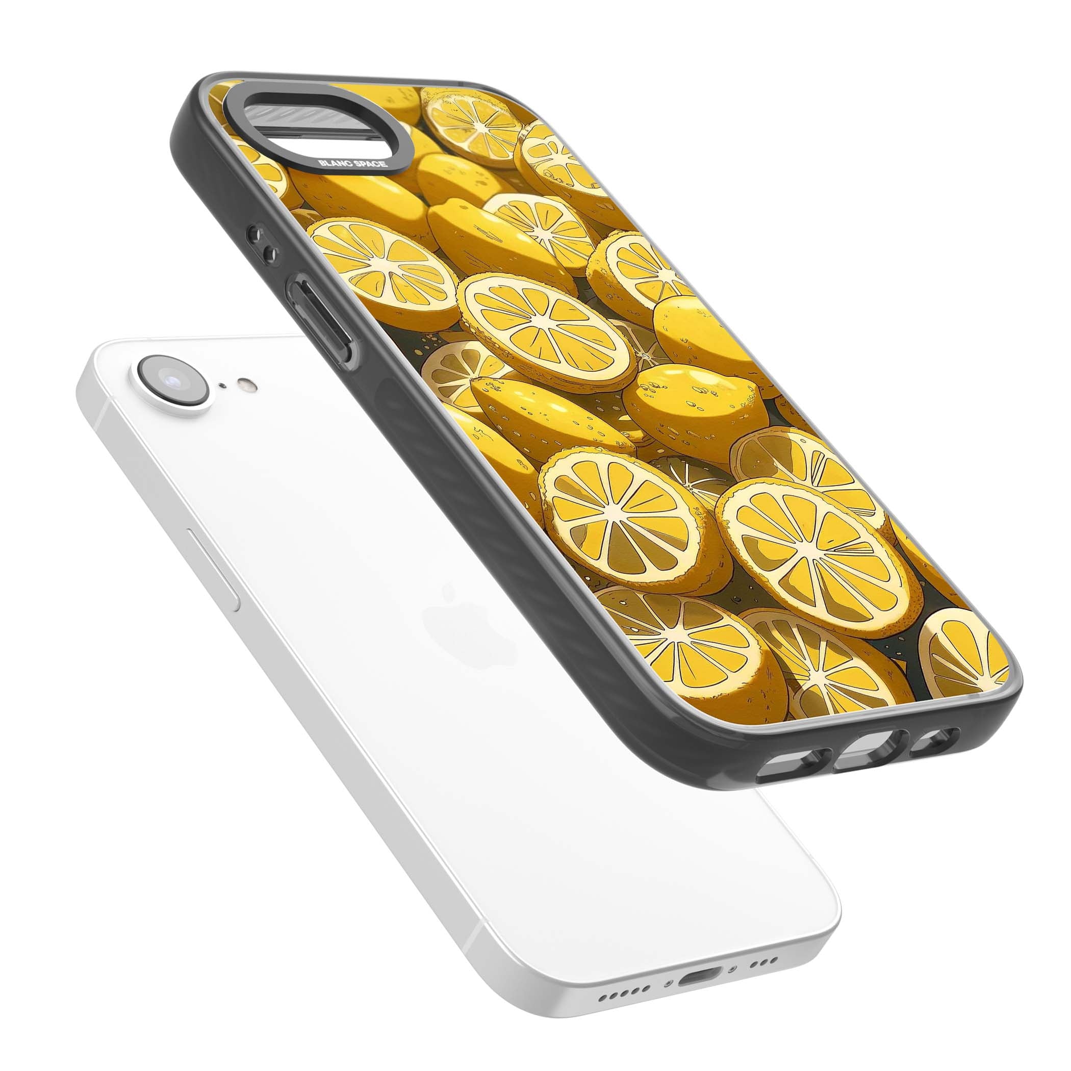 Zesty coastal iPhone case featuring illustrated Mediterranean lemons and citrus slices in golden yellow | Black Impact case for iPhone 16e, iPhone 17e