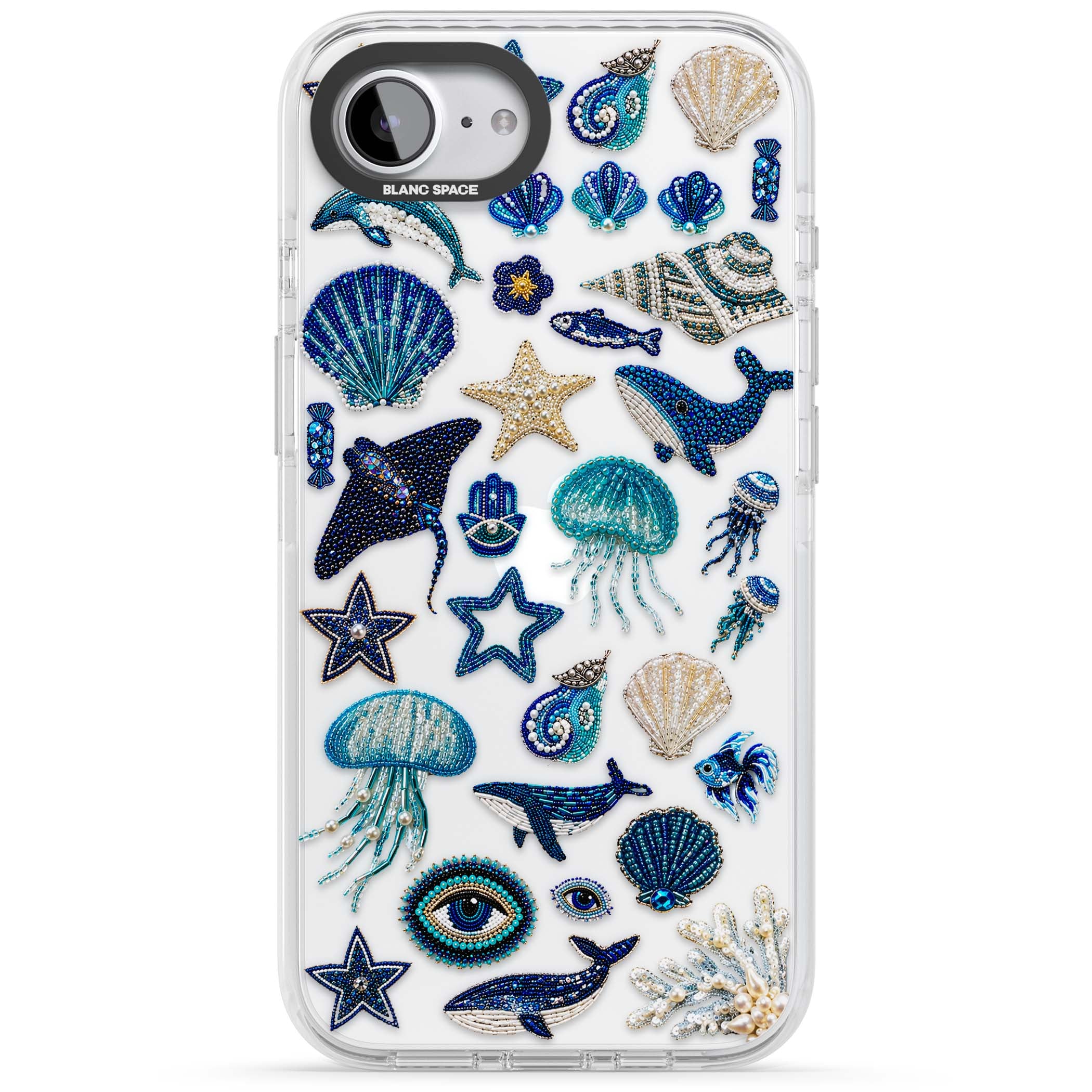 Beaded Coastal coastal iPhone case featuring embroidered seashells, jellyfish and a blue whale on clear | Clear Impact case for iPhone 16e, iPhone 17e