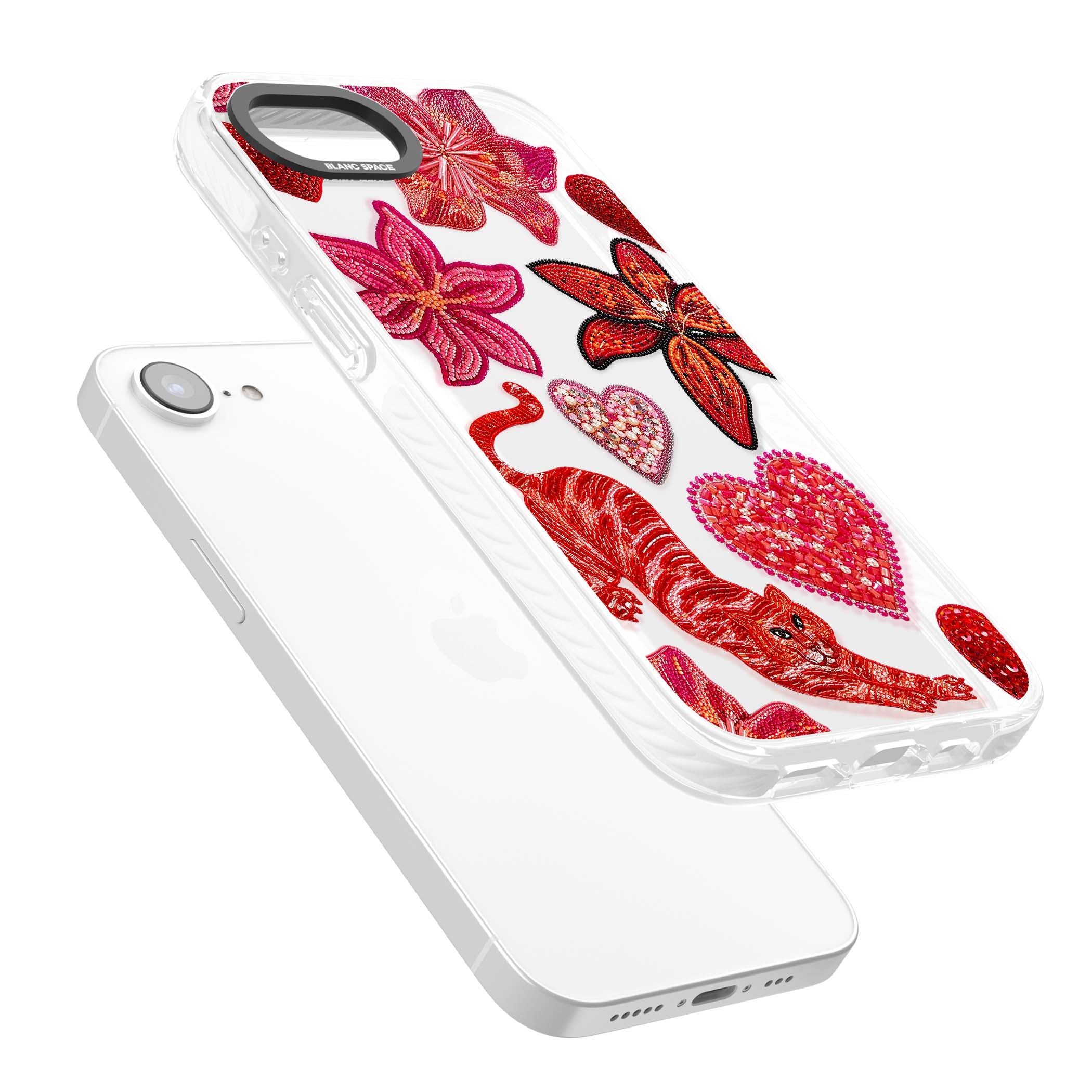 Beaded Boho floral iPhone case featuring beaded red lilies, a stitched tiger, and pearl-encrusted hearts on clear | Clear Impact case for iPhone 16e, iPhone 17e