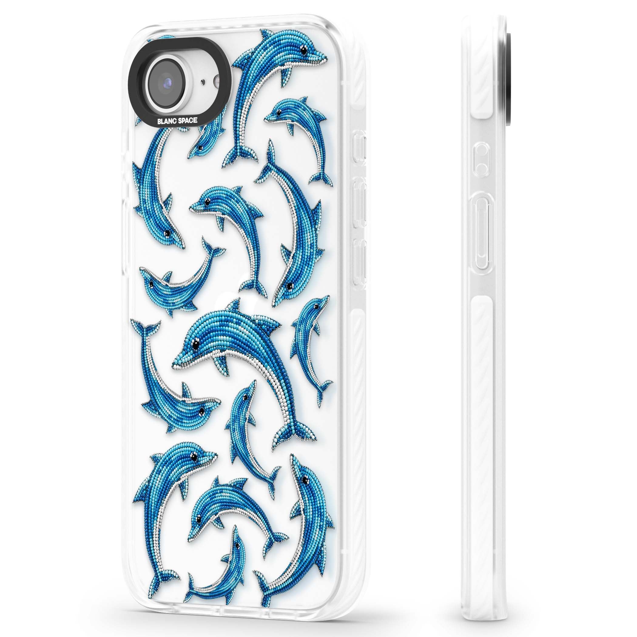Beaded Dolphins coastal iPhone case featuring beaded dolphins in blue and white swimming across a clear background | Clear Impact case for iPhone 16e, iPhone 17e