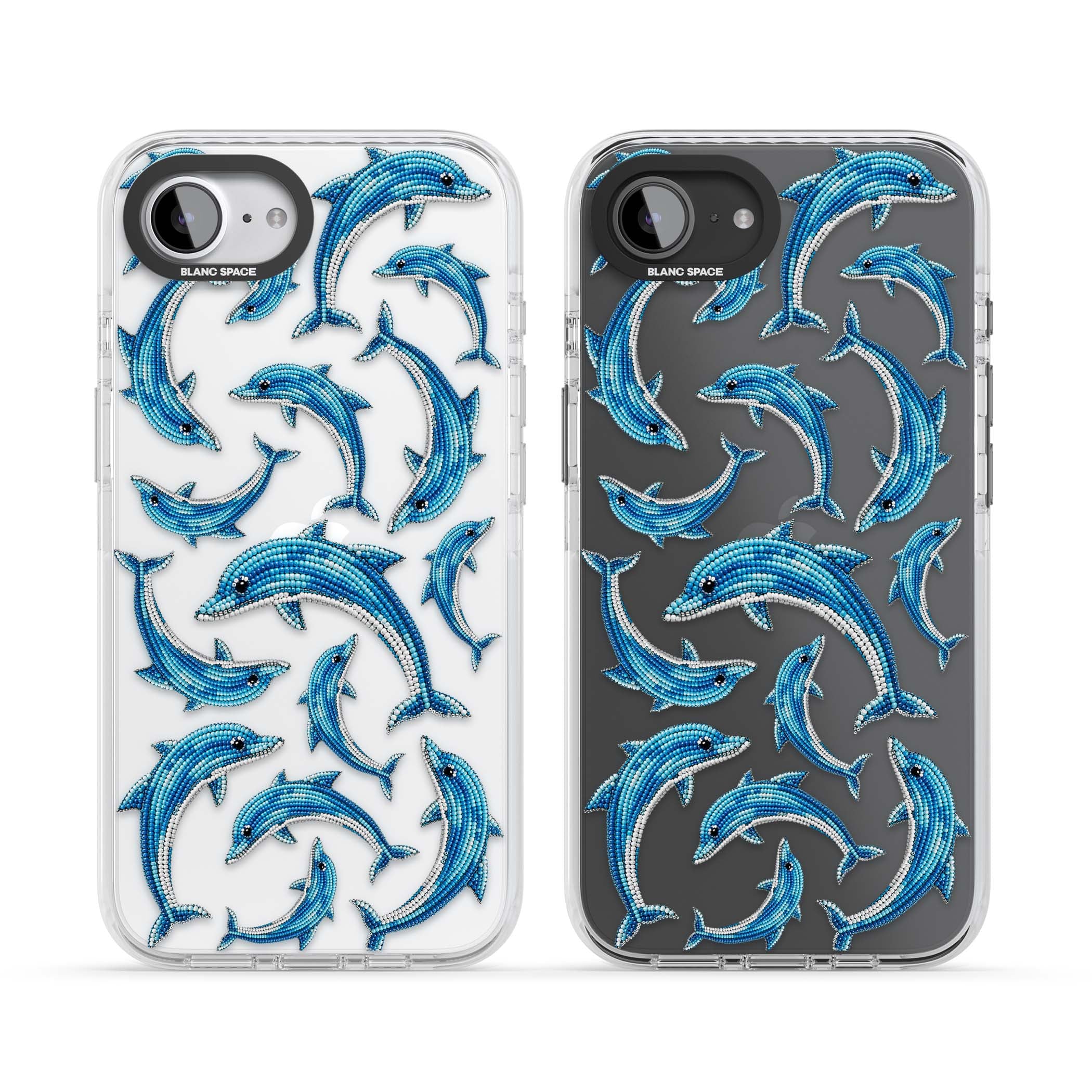 Beaded Dolphins coastal iPhone case featuring beaded dolphins in blue and white swimming across a clear background | Clear Impact case for iPhone 16e, iPhone 17e