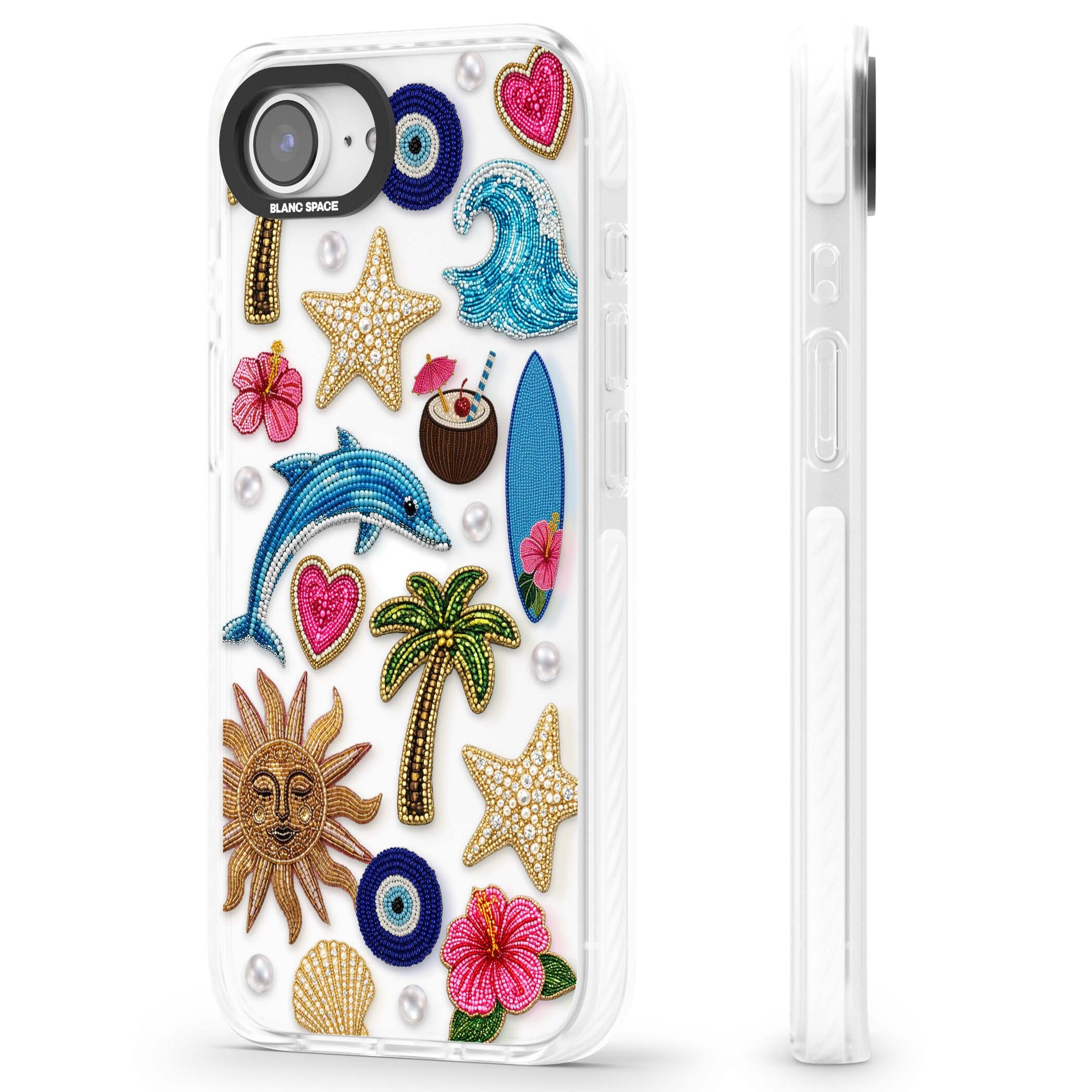 Beaded Beach coastal summer iPhone case featuring embroidered evil eye, hibiscus flowers, dolphin and palm tree patches | Clear Impact case for iPhone 16e, iPhone 17e