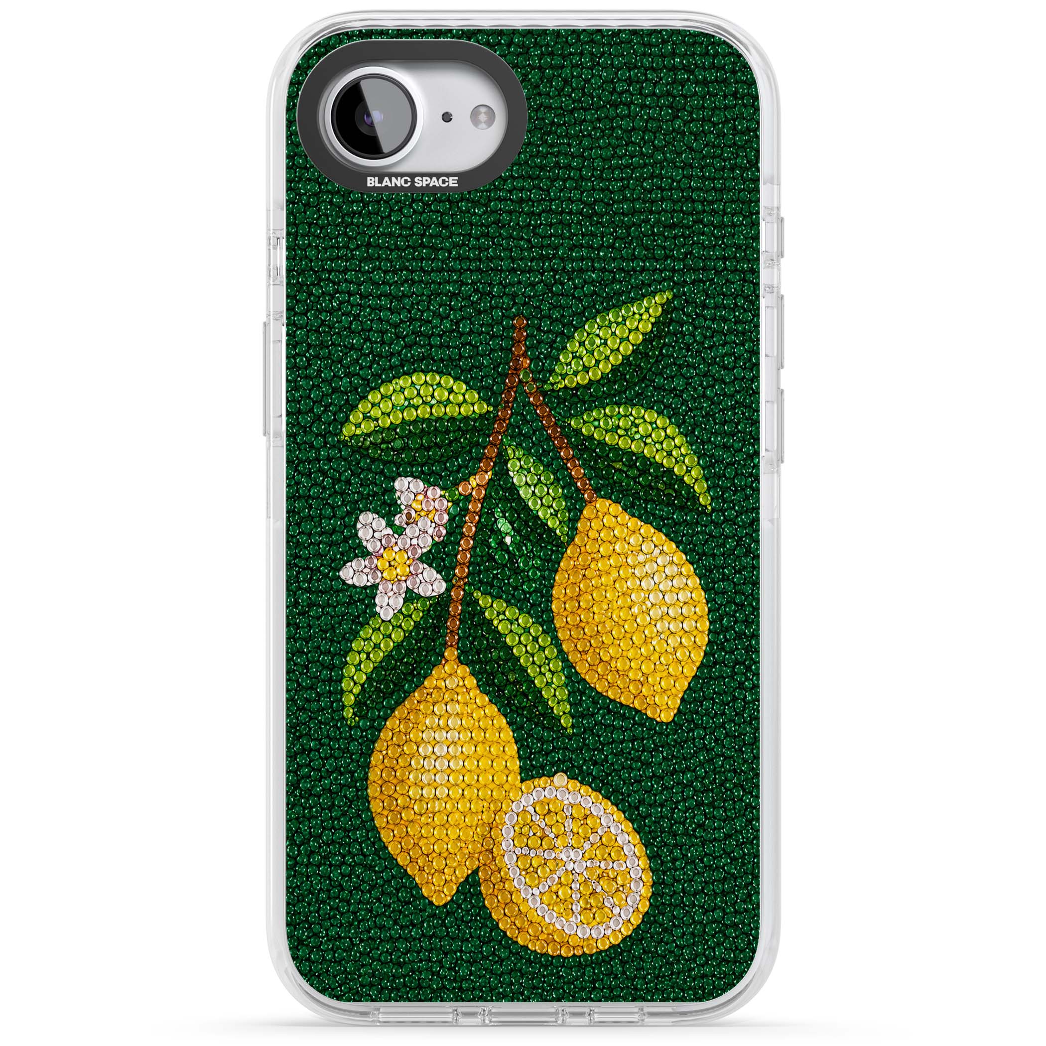 Beaded Lemons coastal iPhone case featuring crystal-beaded lemons, citrus blossom and green leaves on emerald ground | Clear Impact case for iPhone 16e, iPhone 17e
