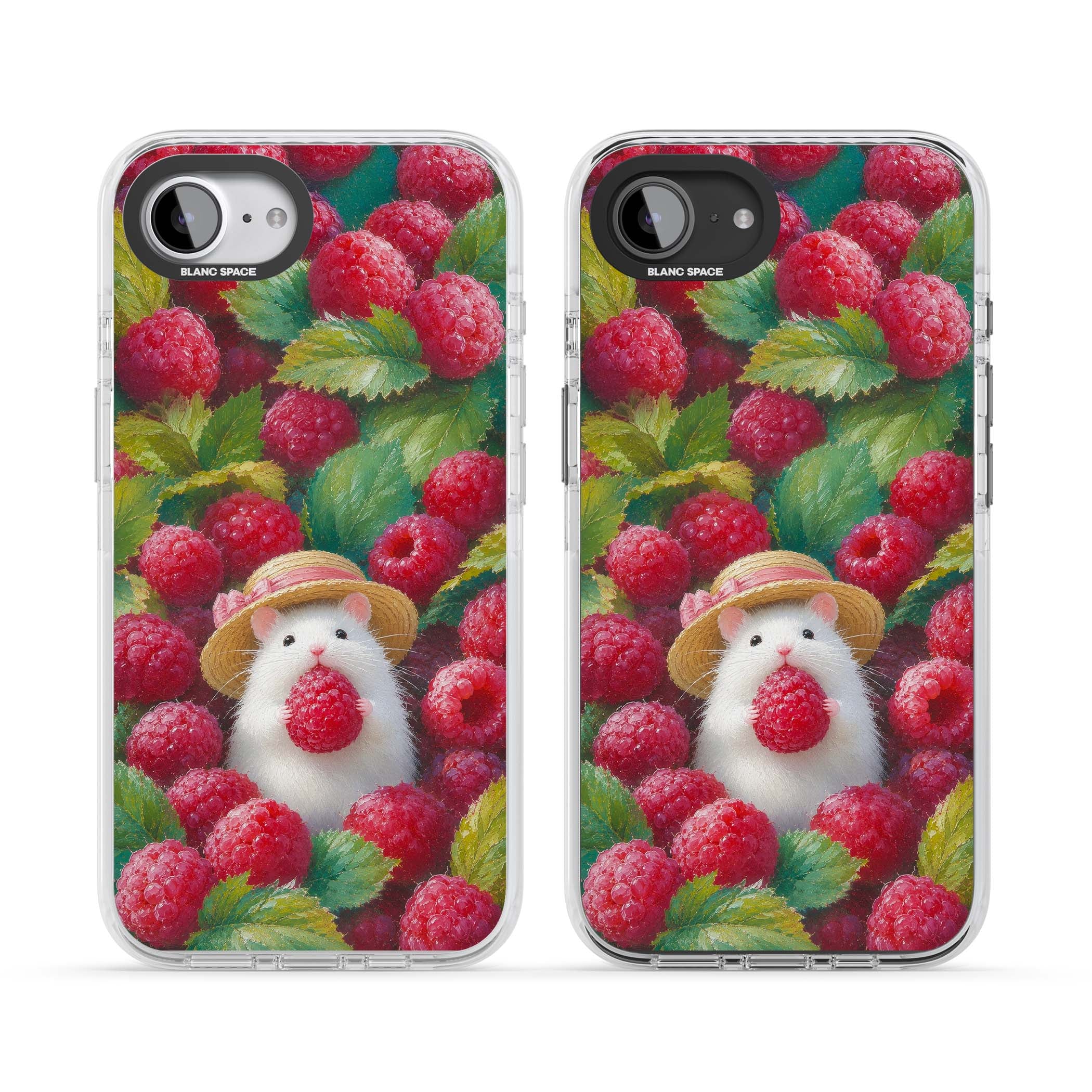 Berry Forager cottagecore iPhone case featuring a white hamster in a straw hat holding a raspberry surrounded by ripe ber | Clear Impact case for iPhone 16e, iPhone 17e