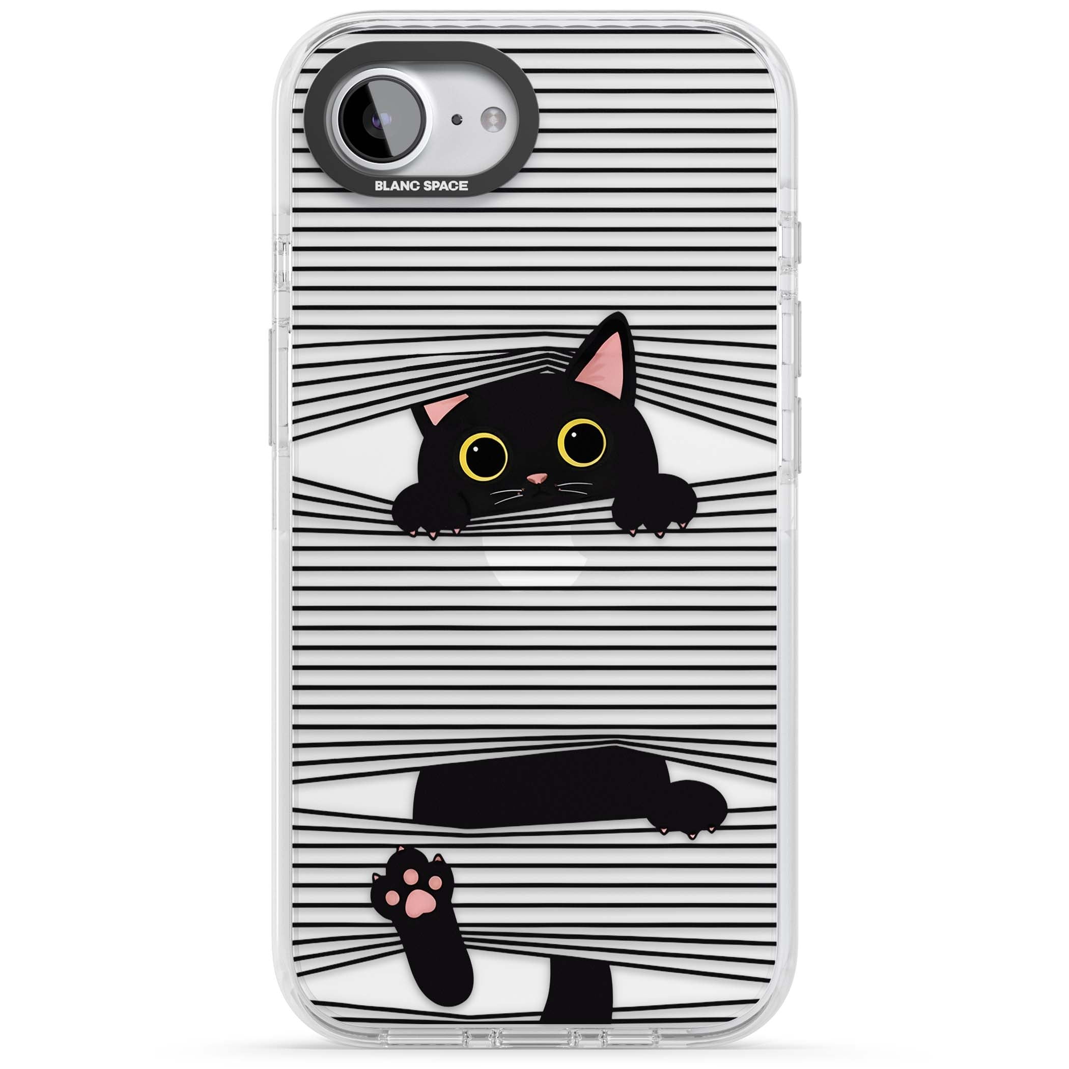 Peek-a-Boo Cat minimal iPhone case featuring black cat peeking through horizontal black and white stripes | Clear Impact case for iPhone 16e, iPhone 17e